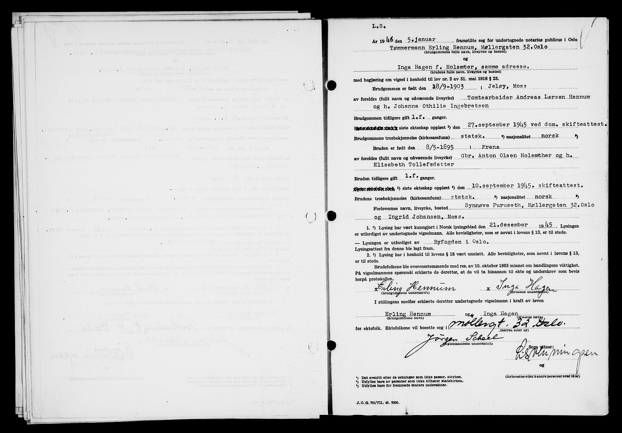 Oslo byfogd avd. I, AV/SAO-A-10220/L/Lb/Lbb/L0055: Notarialprotokoll, rekke II: Vigsler, 1945-1946