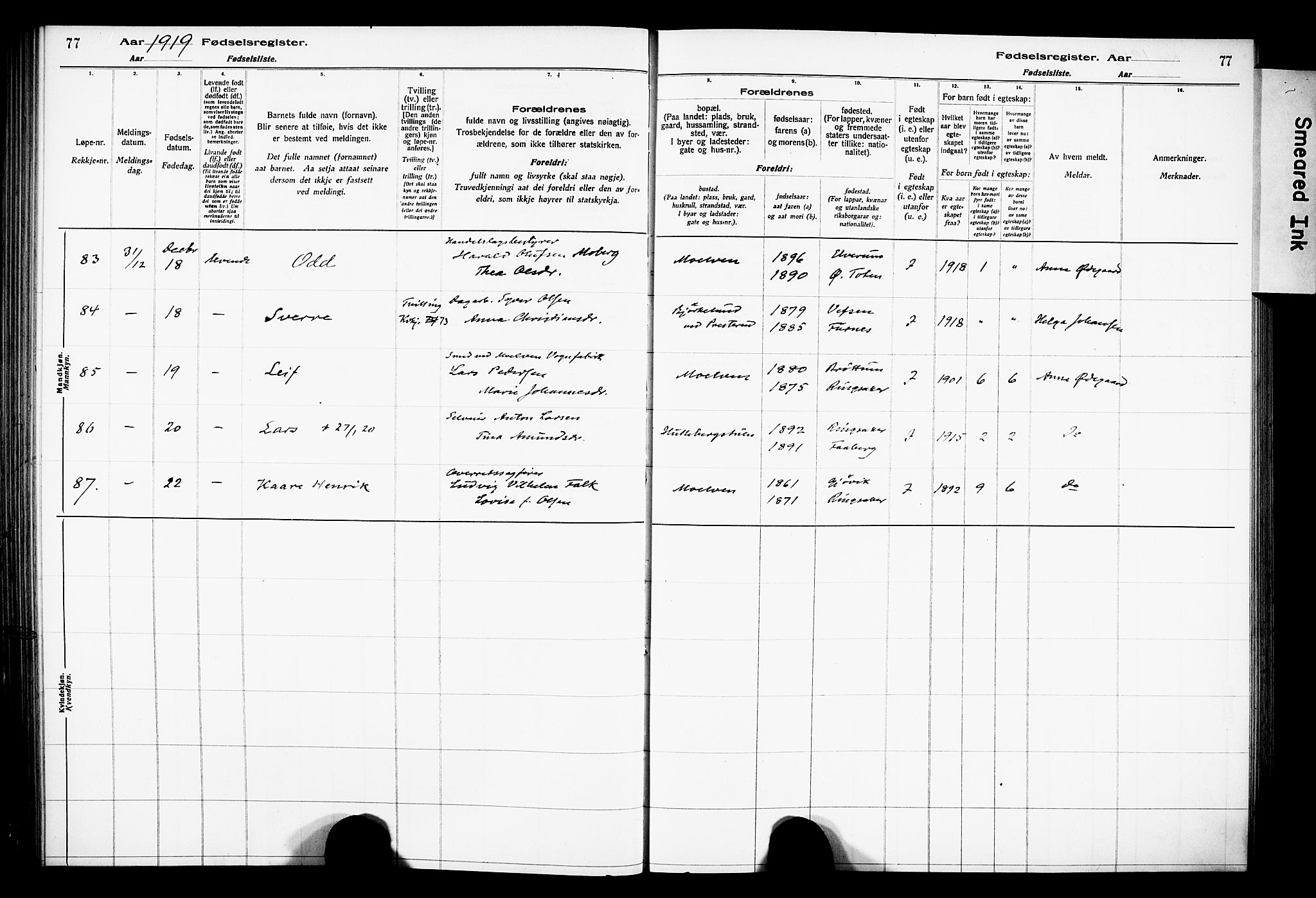 Ringsaker prestekontor, AV/SAH-PREST-014/O/Oa/L0001: Fødselsregister nr. 1, 1916-1925, s. 77