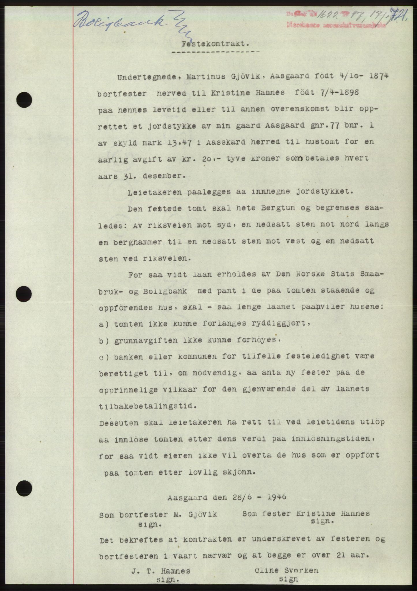 Nordmøre sorenskriveri, SAT/A-4132/1/2/2Ca: Pantebok nr. B96, 1947-1947, Dagboknr: 1622/1947