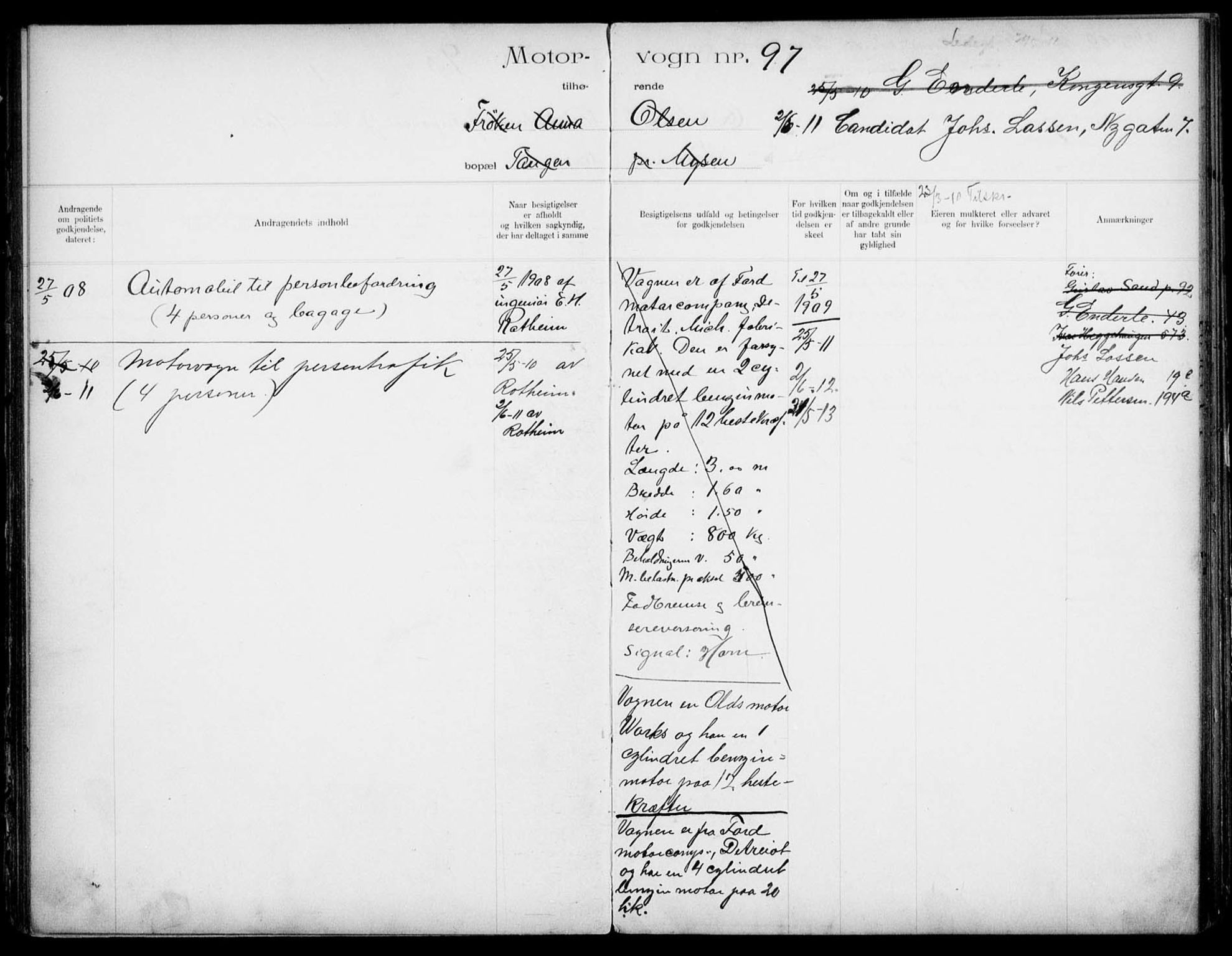 Vegdirektoratet, Bilavdelingen M, AV/RA-S-1663/F/Fa/L0001: Bilregisterprotokoll. Reg.nr. 1-199 og 300-310, 1899-1914