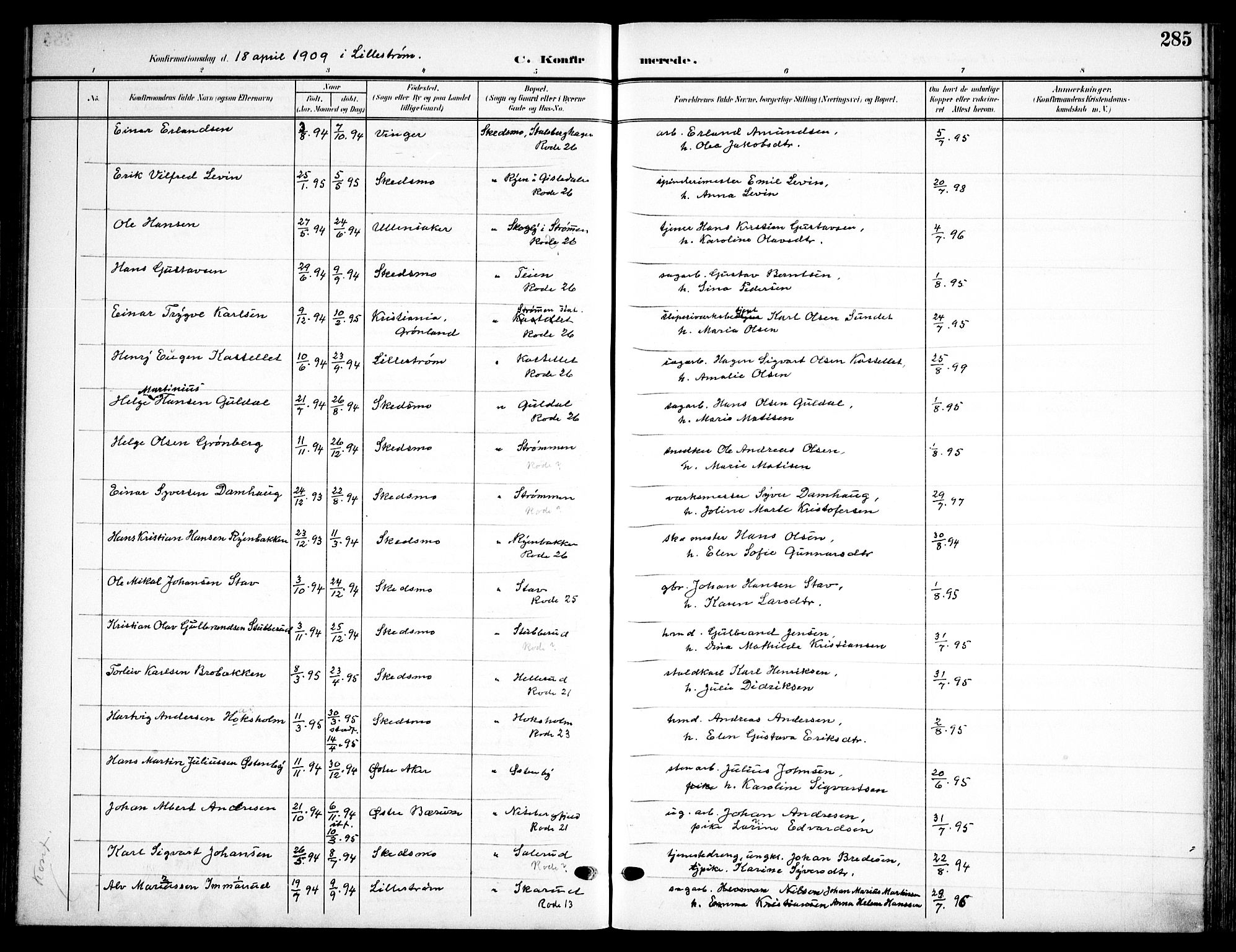 Skedsmo prestekontor Kirkebøker, AV/SAO-A-10033a/F/Fa/L0015: Ministerialbok nr. I 15, 1902-1917, s. 285