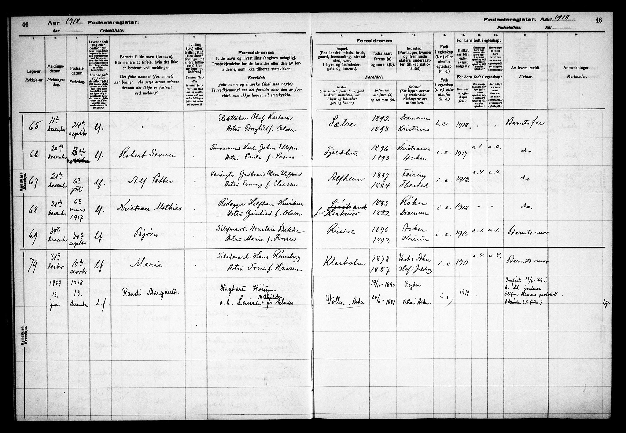 Asker prestekontor Kirkebøker, AV/SAO-A-10256a/J/L0001: Fødselsregister nr. 1, 1916-1925, s. 46