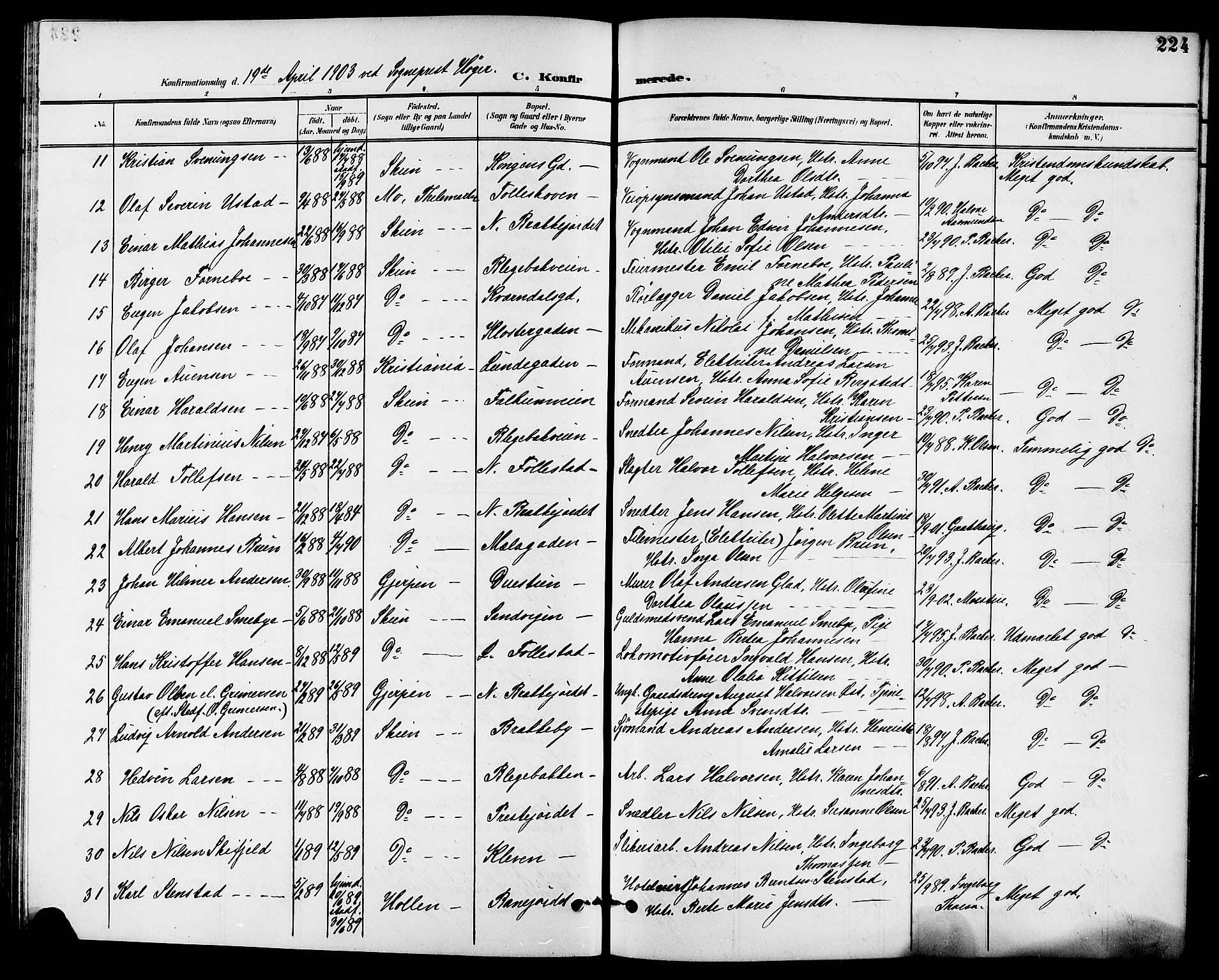 Skien kirkebøker, AV/SAKO-A-302/G/Ga/L0008: Klokkerbok nr. 8, 1900-1910, s. 224