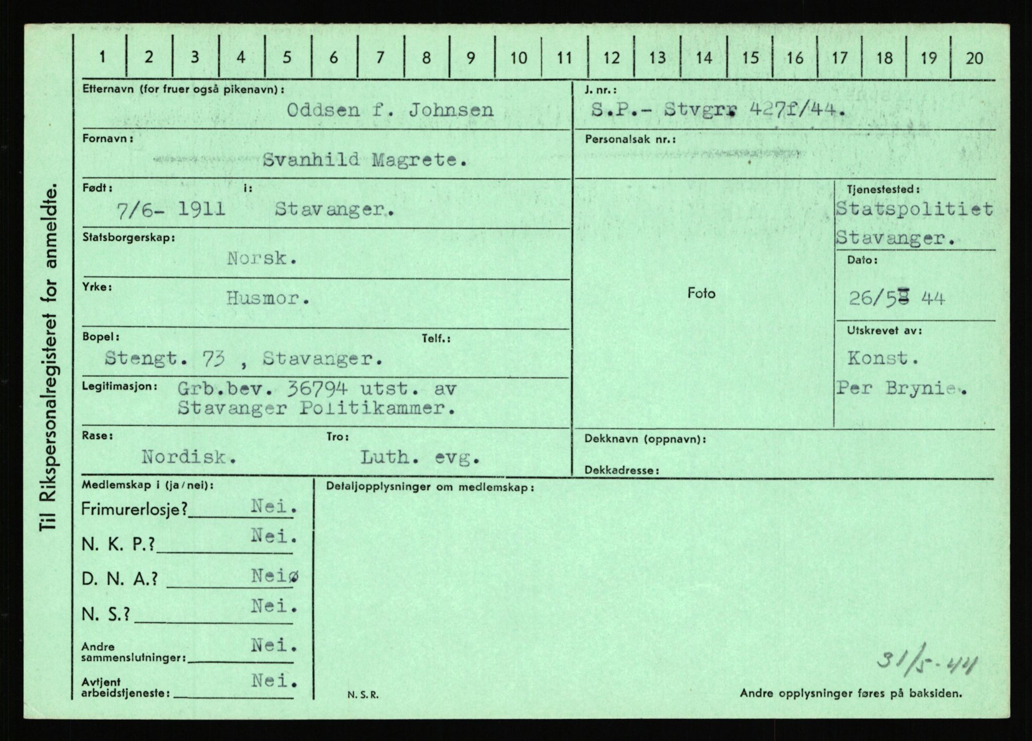 Statspolitiet - Hovedkontoret / Osloavdelingen, AV/RA-S-1329/C/Ca/L0012: Oanæs - Quistgaard	, 1943-1945, s. 58