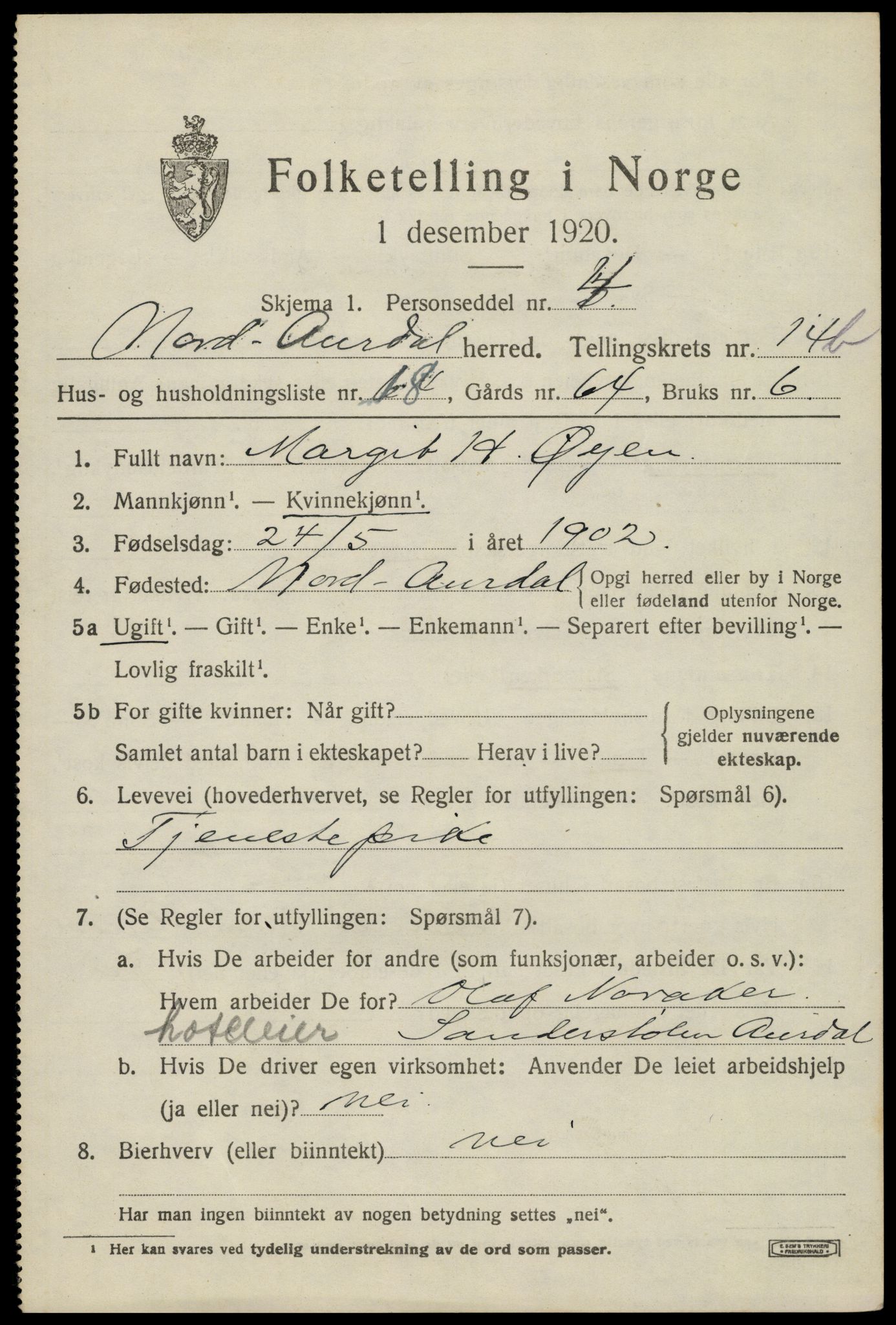 SAH, Folketelling 1920 for 0542 Nord-Aurdal herred, 1920, s. 11148