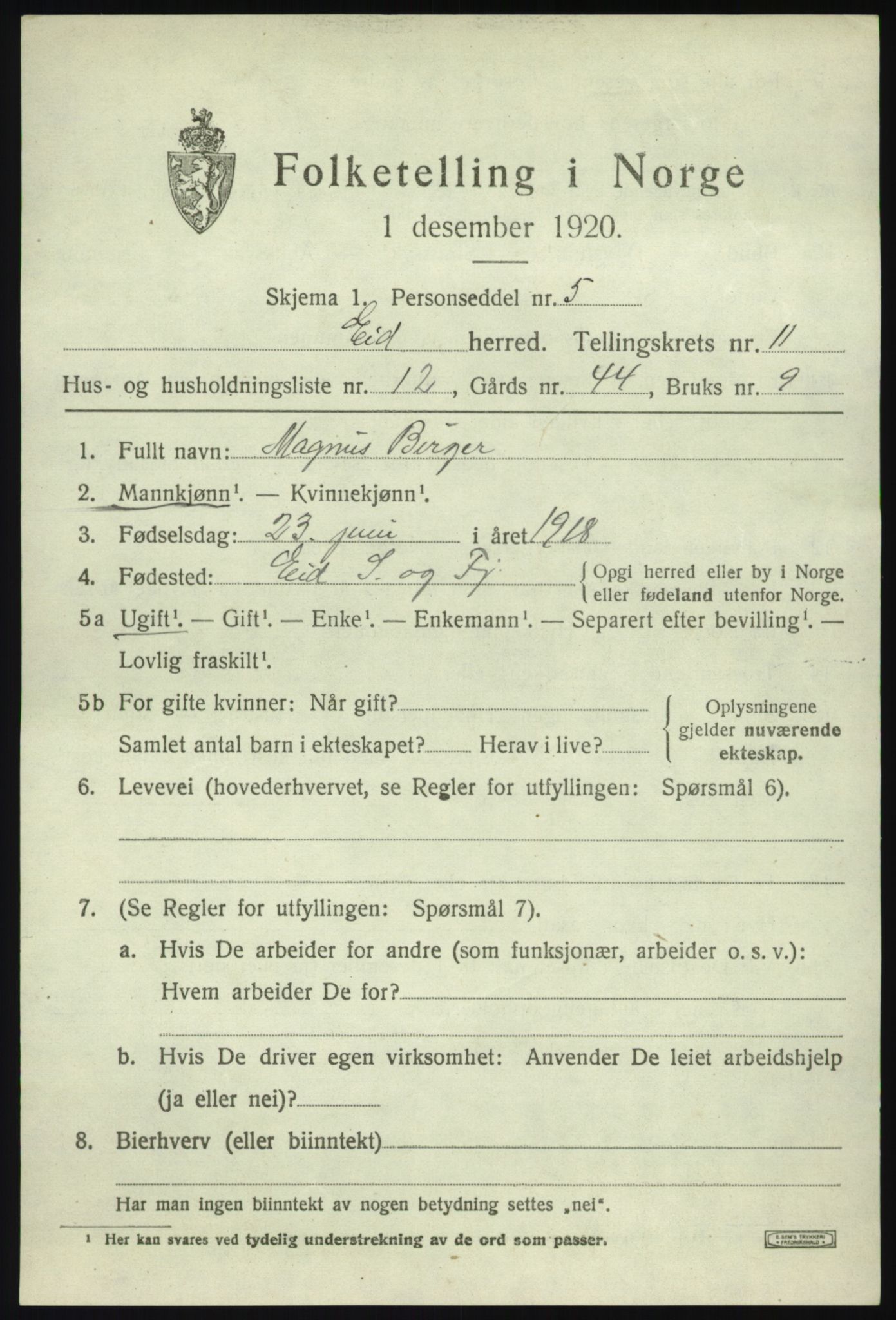 SAB, Folketelling 1920 for 1443 Eid herred, 1920, s. 6186