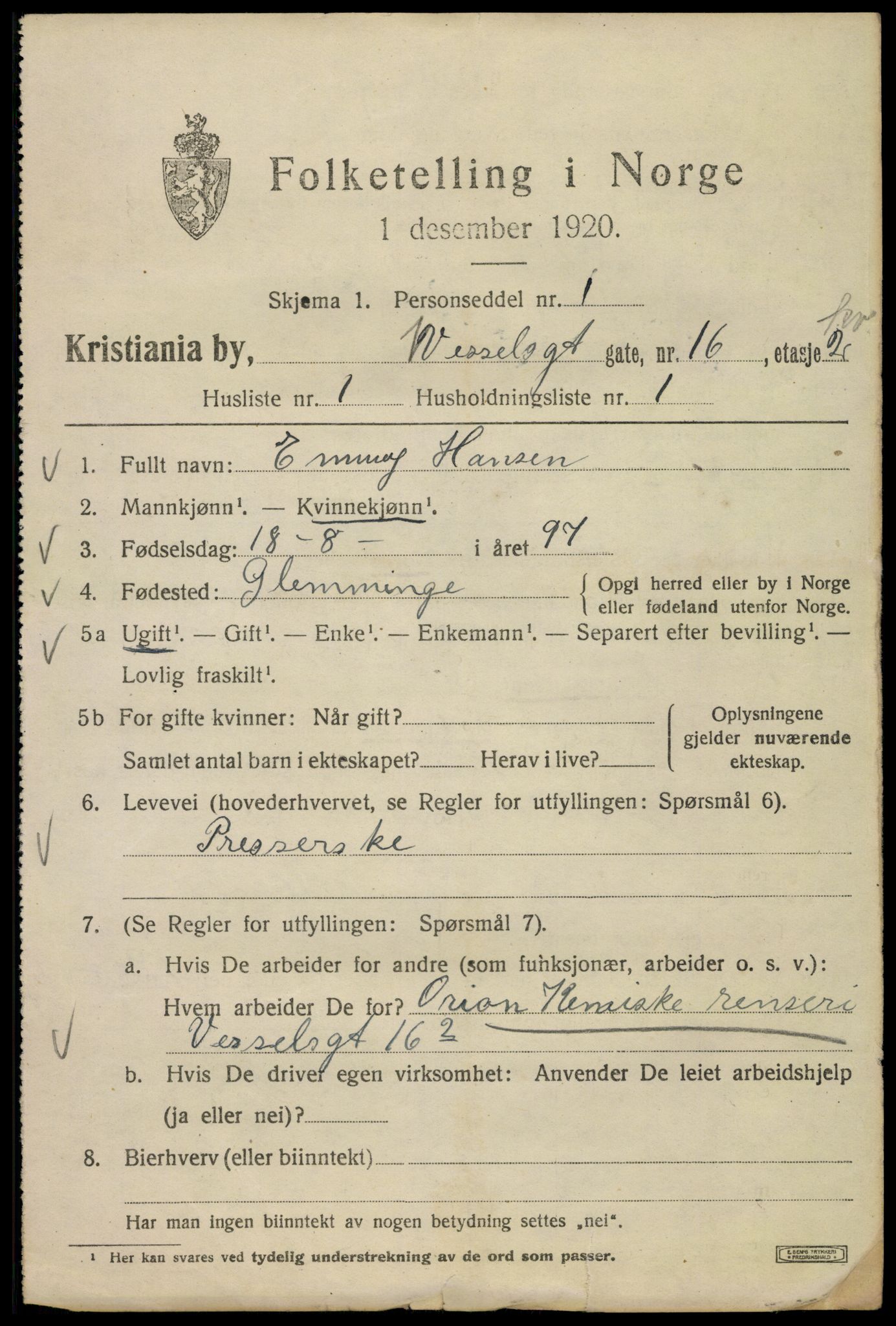 SAO, Folketelling 1920 for 0301 Kristiania kjøpstad, 1920, s. 652719