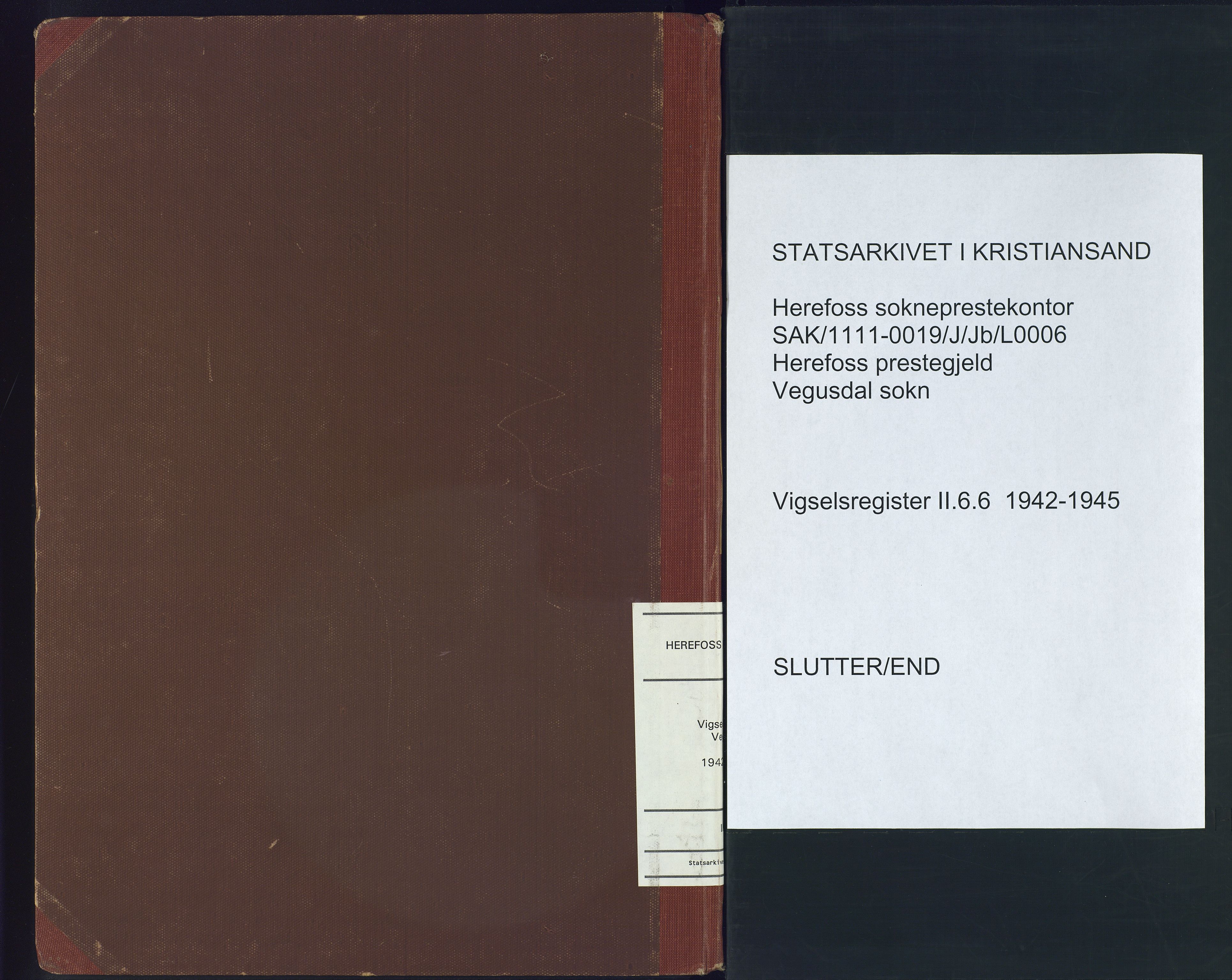 Herefoss sokneprestkontor, SAK/1111-0019/J/Jb/L0006: Vigselsregister nr. II.6.6, 1942-1945