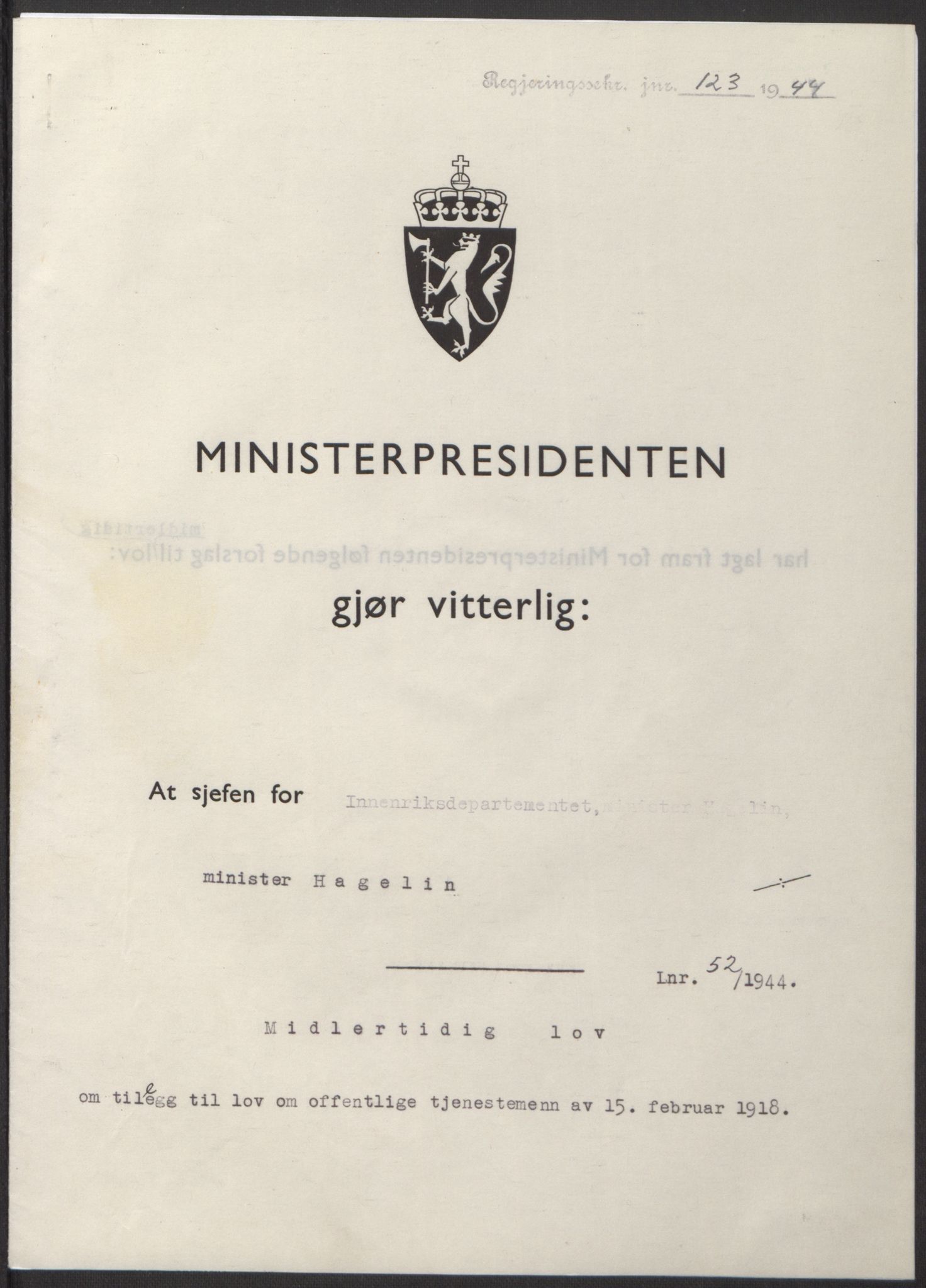 NS-administrasjonen 1940-1945 (Statsrådsekretariatet, de kommisariske statsråder mm), AV/RA-S-4279/D/Db/L0100: Lover, 1944, s. 243
