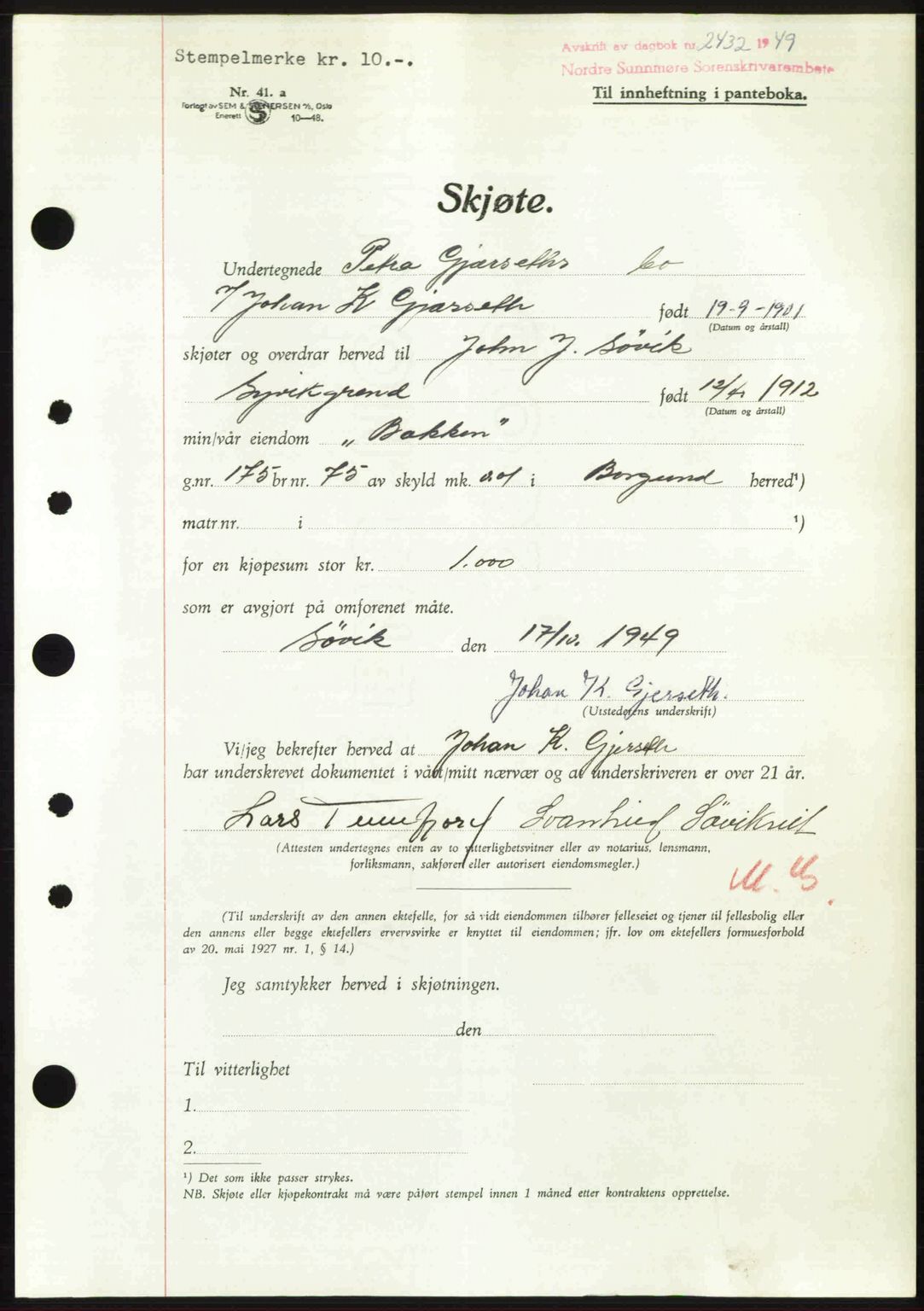 Nordre Sunnmøre sorenskriveri, SAT/A-0006/1/2/2C/2Ca: Pantebok nr. A32, 1949-1949, Dagboknr: 2432/1949