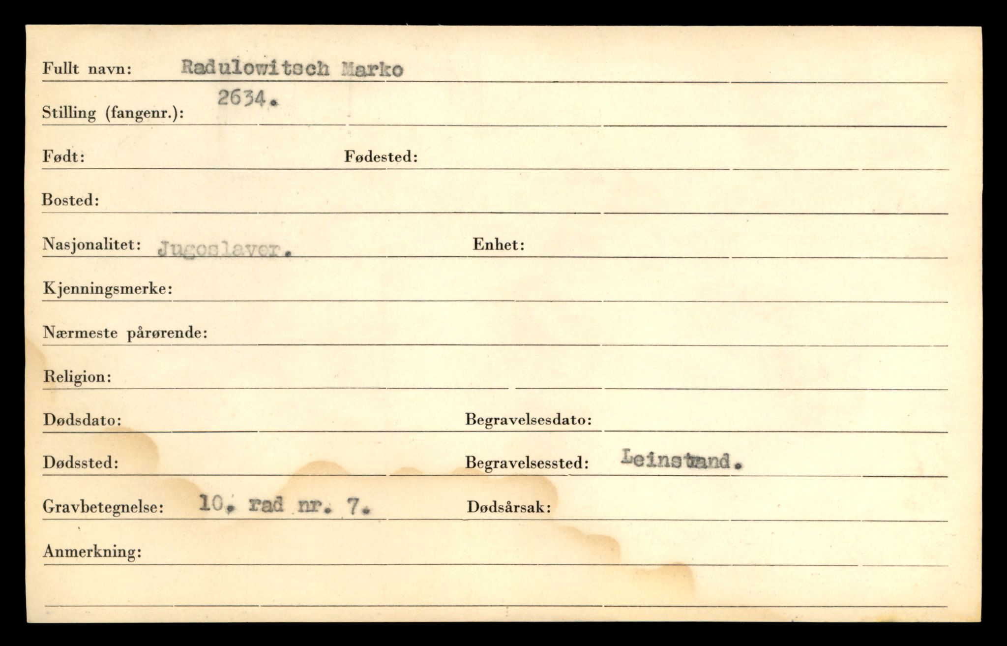 Distriktskontoret for krigsgraver, SAT/A-5030/E/L0005: Kasett/kartotek over falne Britiske og tyske solater, samt andre nasjoners krigsgraver, 1945, s. 9