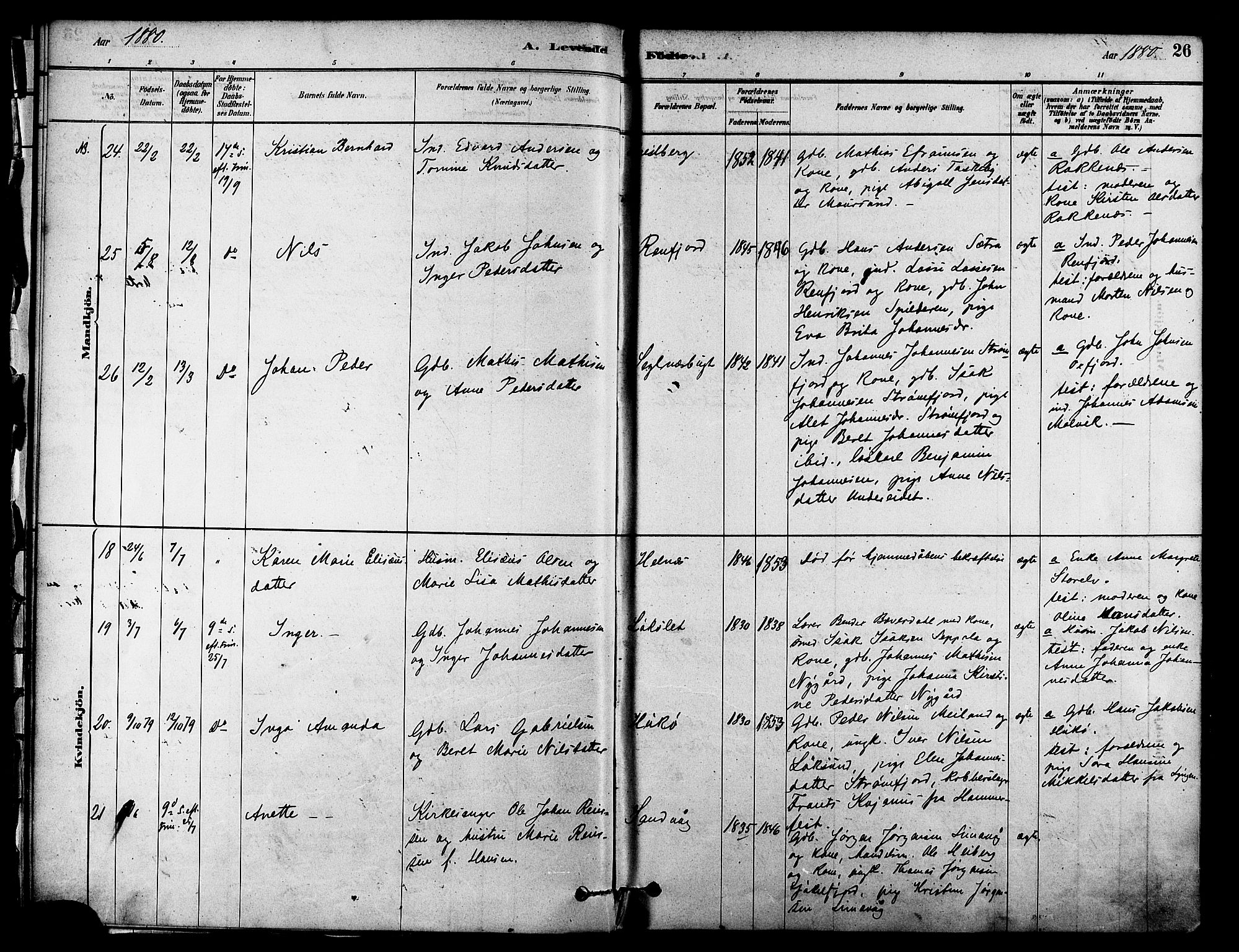 Skjervøy sokneprestkontor, AV/SATØ-S-1300/H/Ha/Haa/L0009kirke: Ministerialbok nr. 9, 1878-1887, s. 26