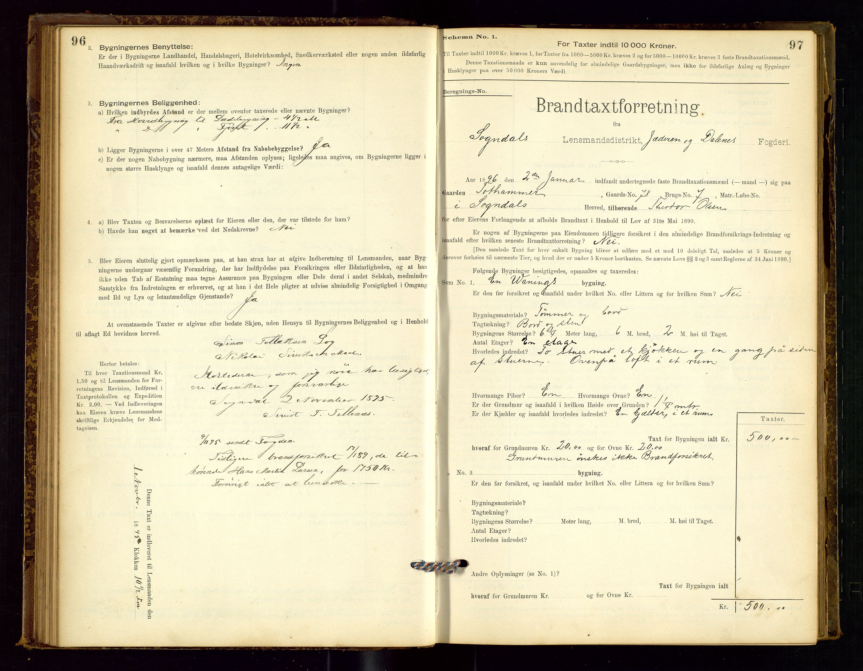 Sokndal lensmannskontor, AV/SAST-A-100417/Gob/L0001: "Brandtaxt-Protokol", 1895-1902, s. 96-97