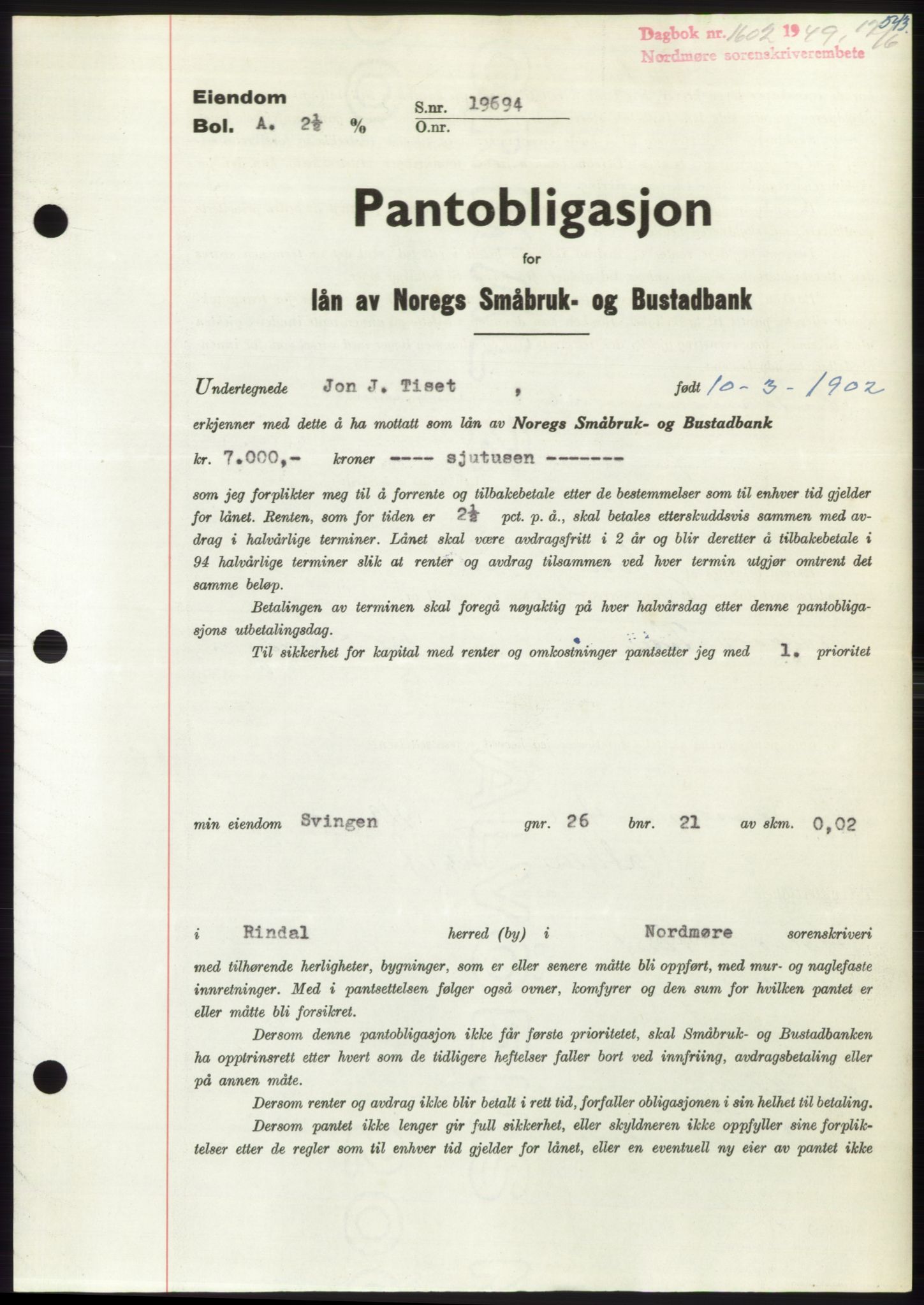 Nordmøre sorenskriveri, SAT/A-4132/1/2/2Ca: Pantebok nr. B101, 1949-1949, Dagboknr: 1602/1949