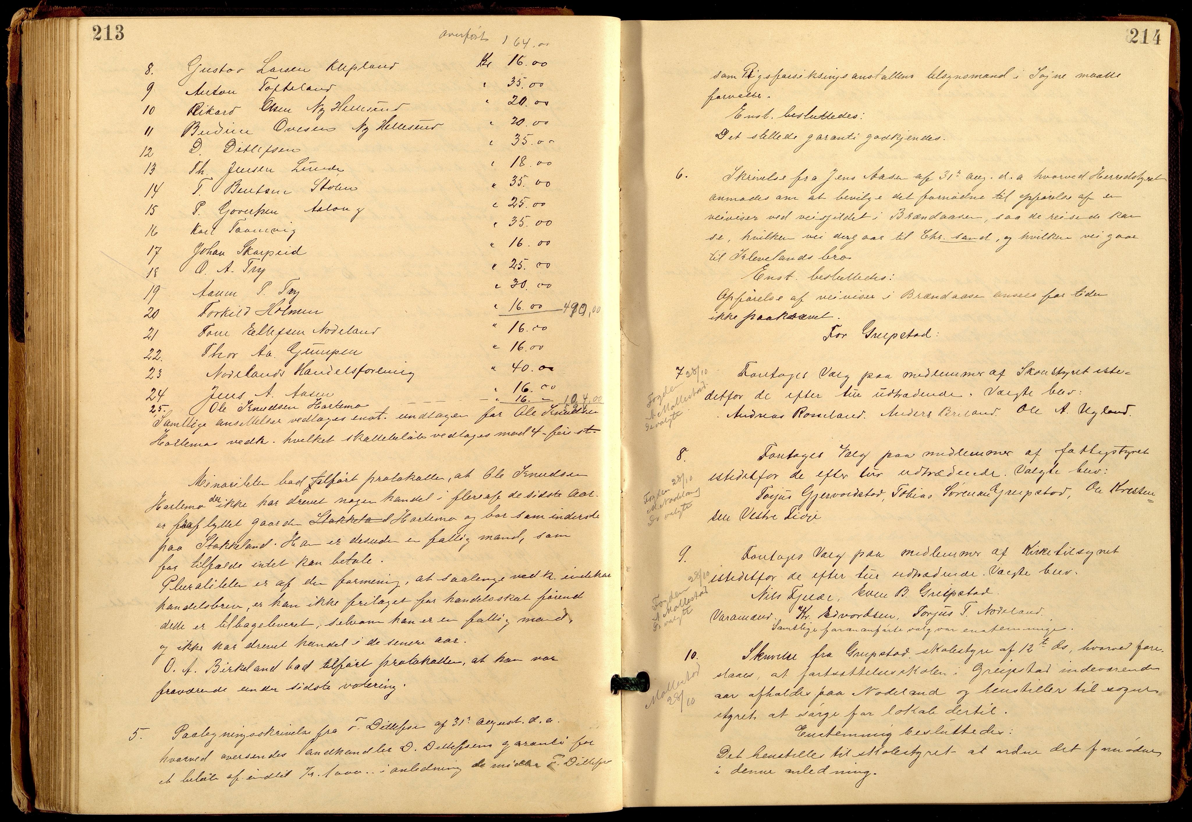 Søgne og Greipstad kommune - Formannskapet, ARKSOR/1018SG120/A/L0006: Møtebok (d), 1901-1909, s. 213-214