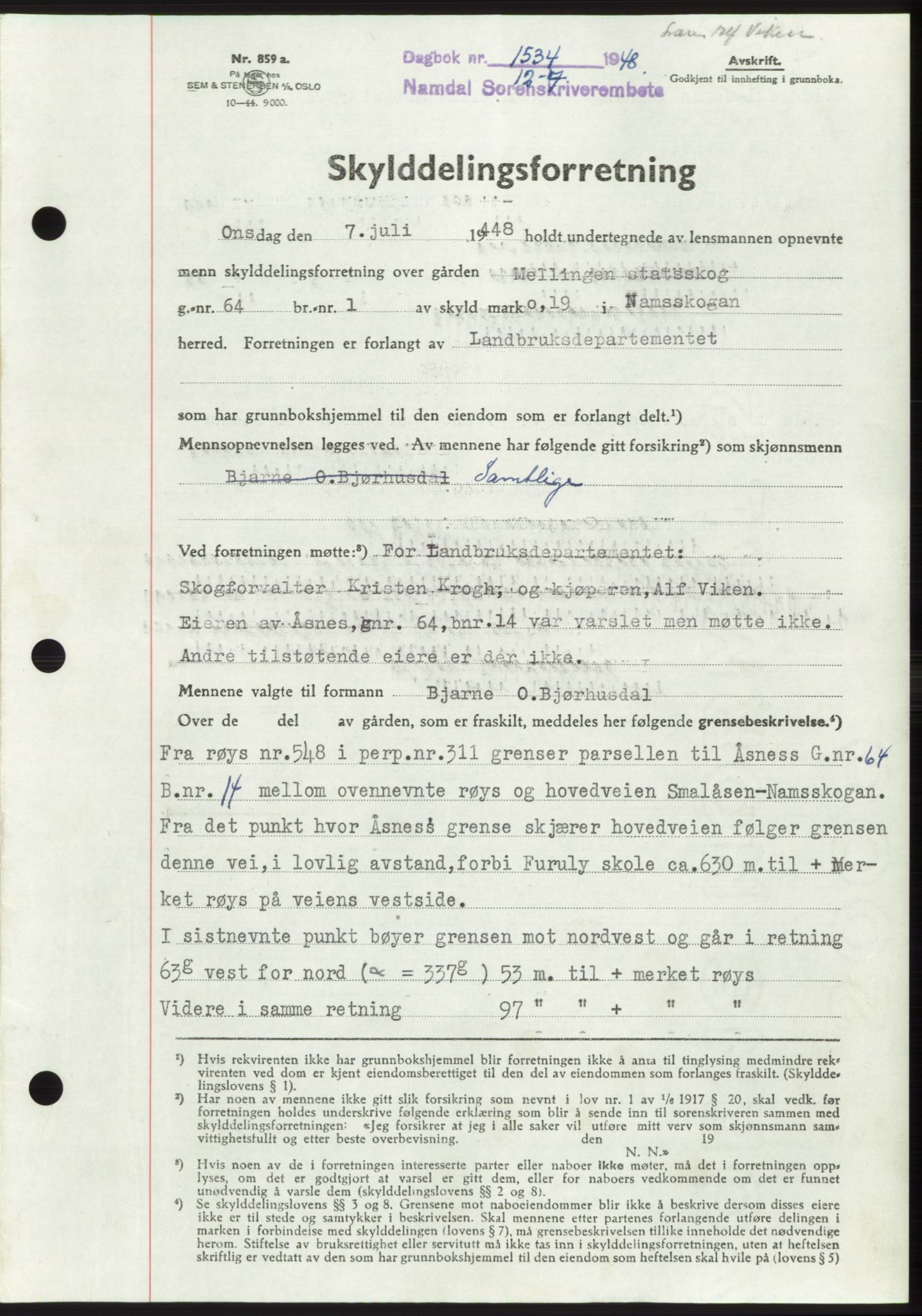 Namdal sorenskriveri, SAT/A-4133/1/2/2C: Pantebok nr. -, 1948-1948, Dagboknr: 1534/1948