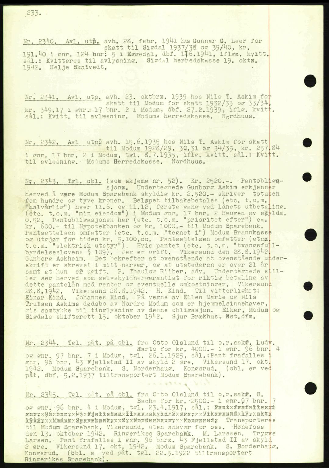 Eiker, Modum og Sigdal sorenskriveri, SAKO/A-123/G/Ga/Gab/L0047: Pantebok nr. A17, 1942-1943, Dagboknr: 2340/1942