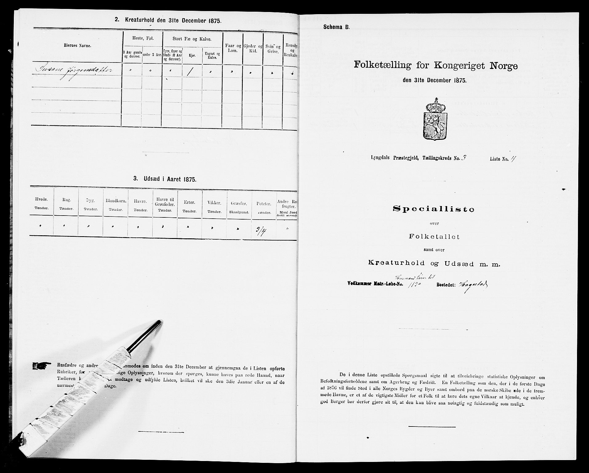 SAK, Folketelling 1875 for 1032P Lyngdal prestegjeld, 1875, s. 483