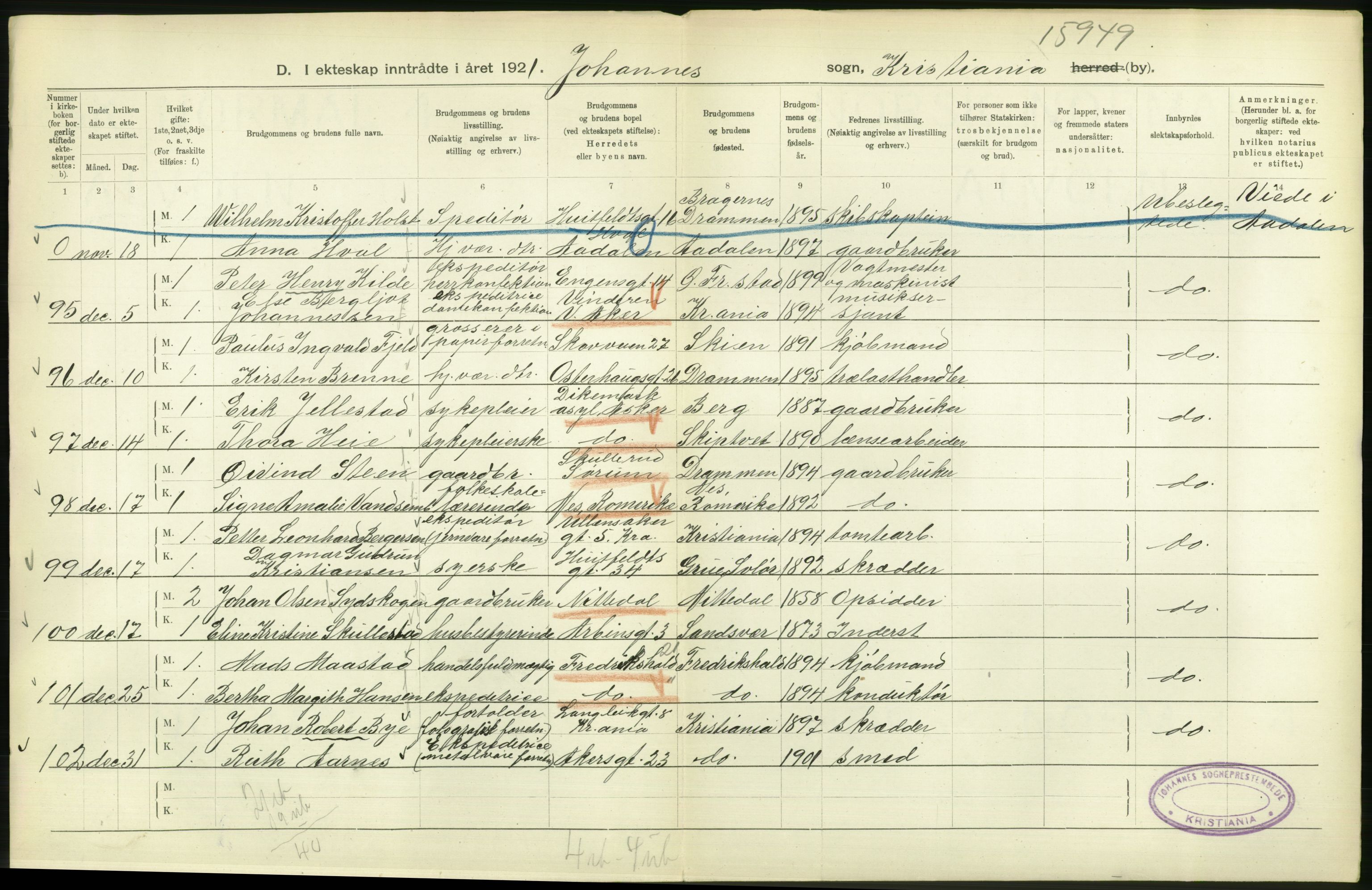 Statistisk sentralbyrå, Sosiodemografiske emner, Befolkning, RA/S-2228/D/Df/Dfc/Dfca/L0011: Kristiania: Gifte, 1921, s. 102