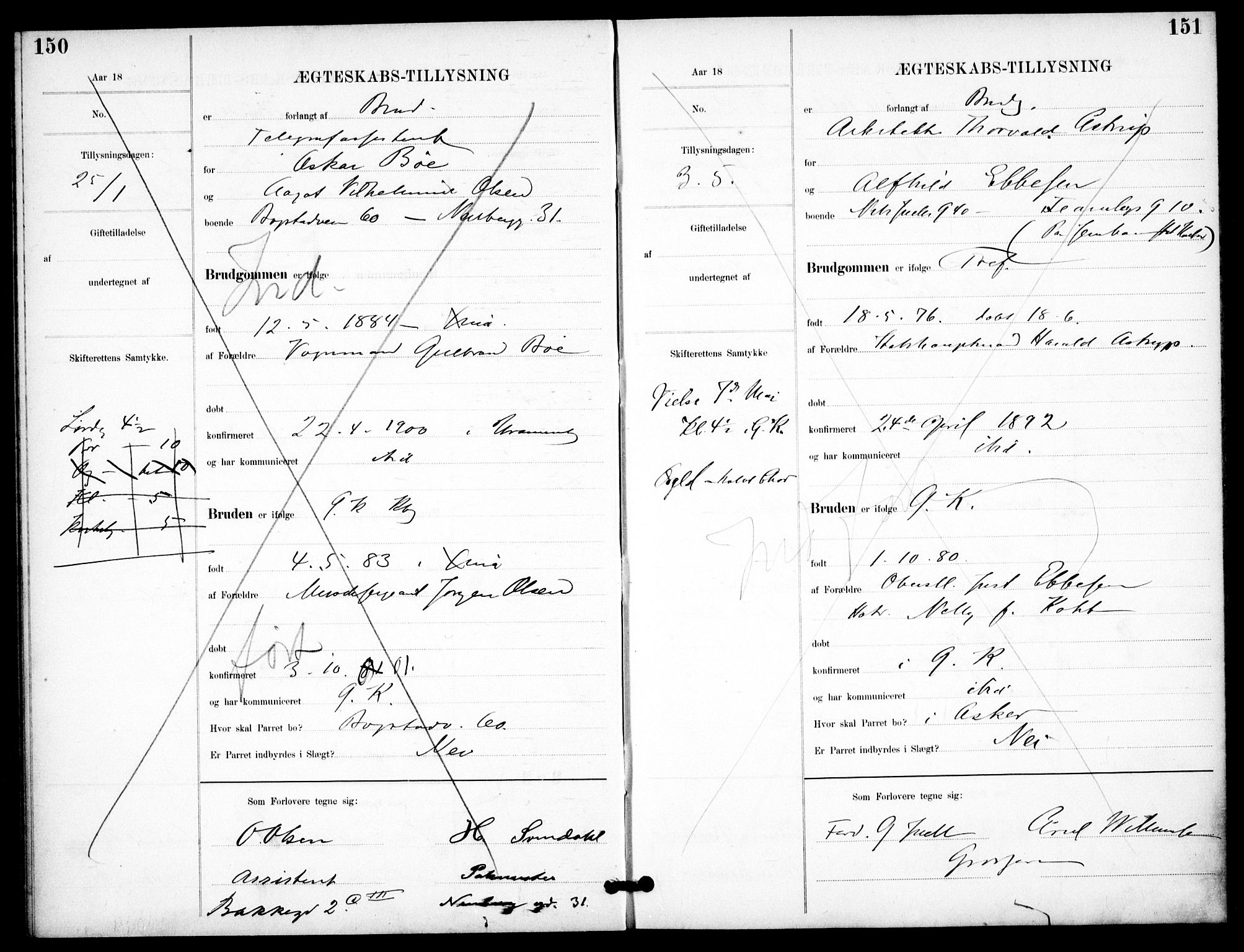 Garnisonsmenigheten Kirkebøker, SAO/A-10846/H/Ha/L0008: Lysningsprotokoll nr. I 8, 1894-1908, s. 150-151