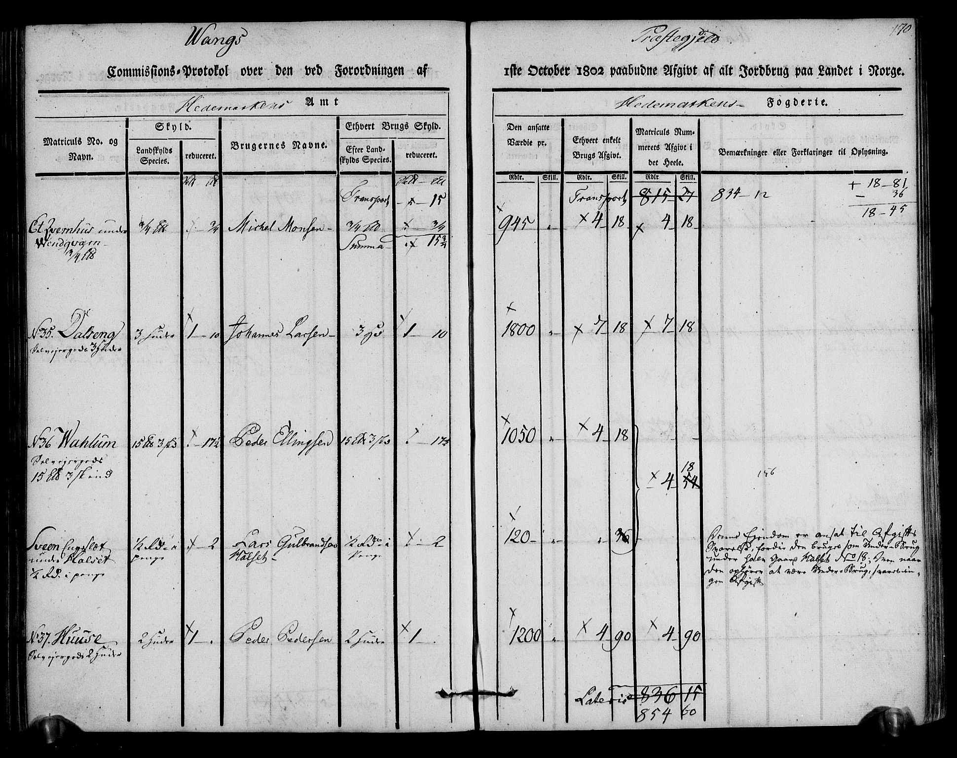 Rentekammeret inntil 1814, Realistisk ordnet avdeling, AV/RA-EA-4070/N/Ne/Nea/L0033: Hedmark fogderi. Kommisjonsprotokoll, 1803, s. 172