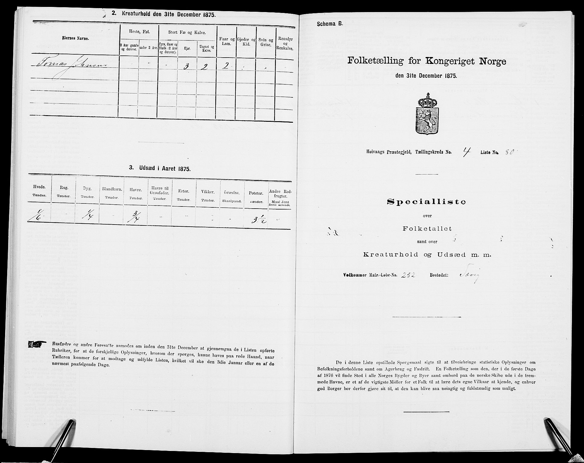 SAK, Folketelling 1875 for 0927P Høvåg prestegjeld, 1875, s. 604