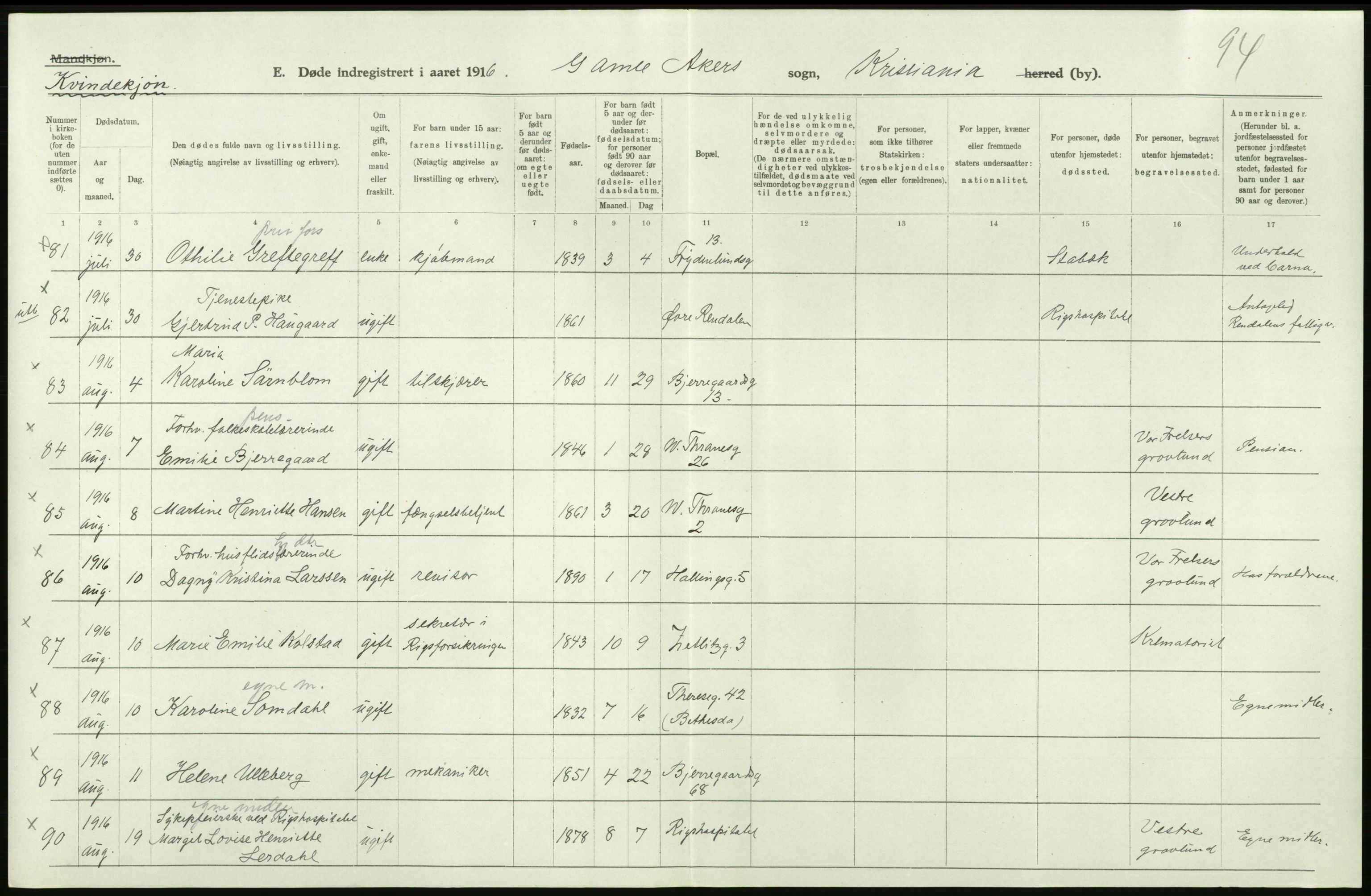 Statistisk sentralbyrå, Sosiodemografiske emner, Befolkning, AV/RA-S-2228/D/Df/Dfb/Dfbf/L0010: Kristiania: Døde, dødfødte., 1916, s. 352