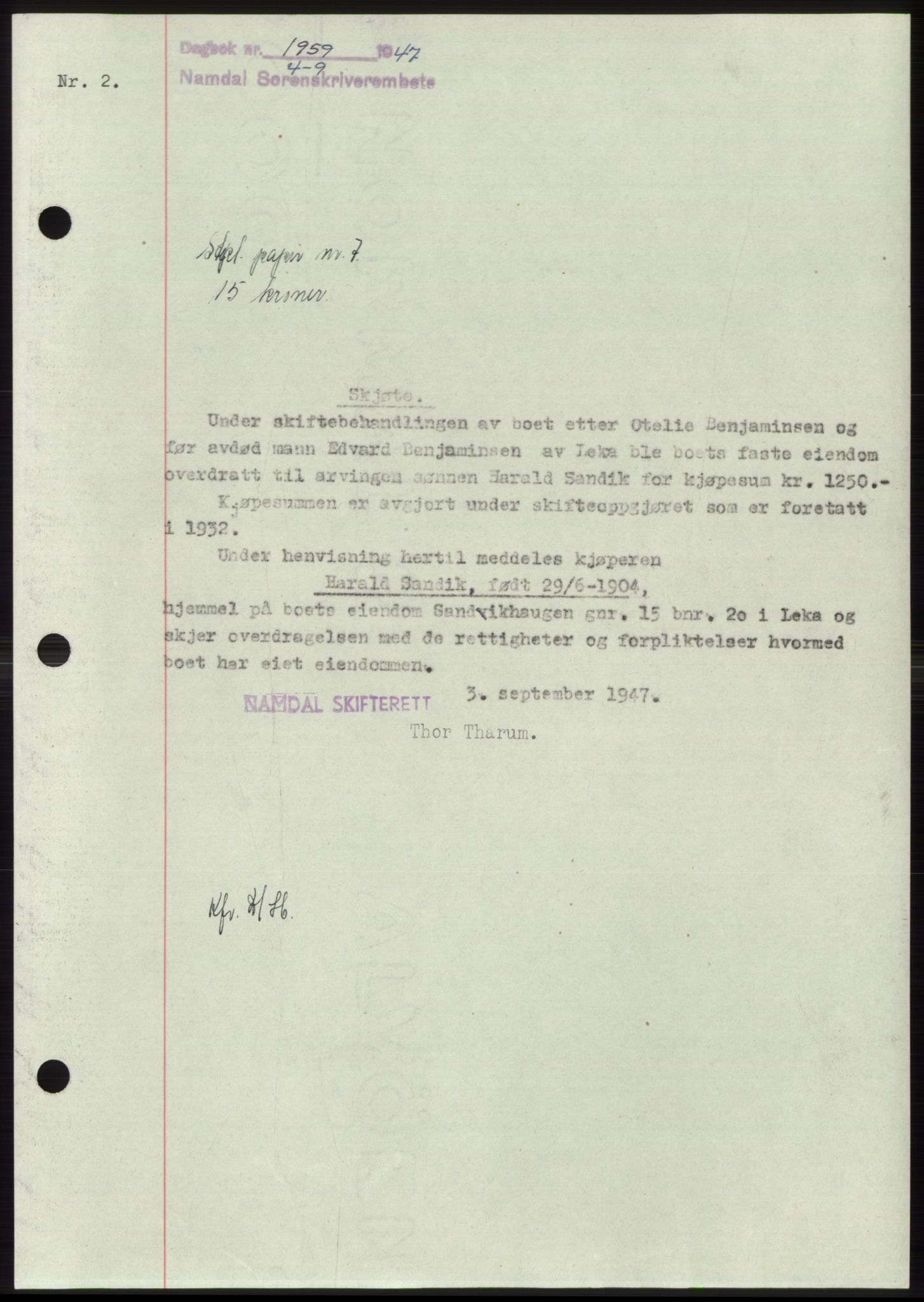 Namdal sorenskriveri, SAT/A-4133/1/2/2C: Pantebok nr. -, 1947-1947, Dagboknr: 1959/1947