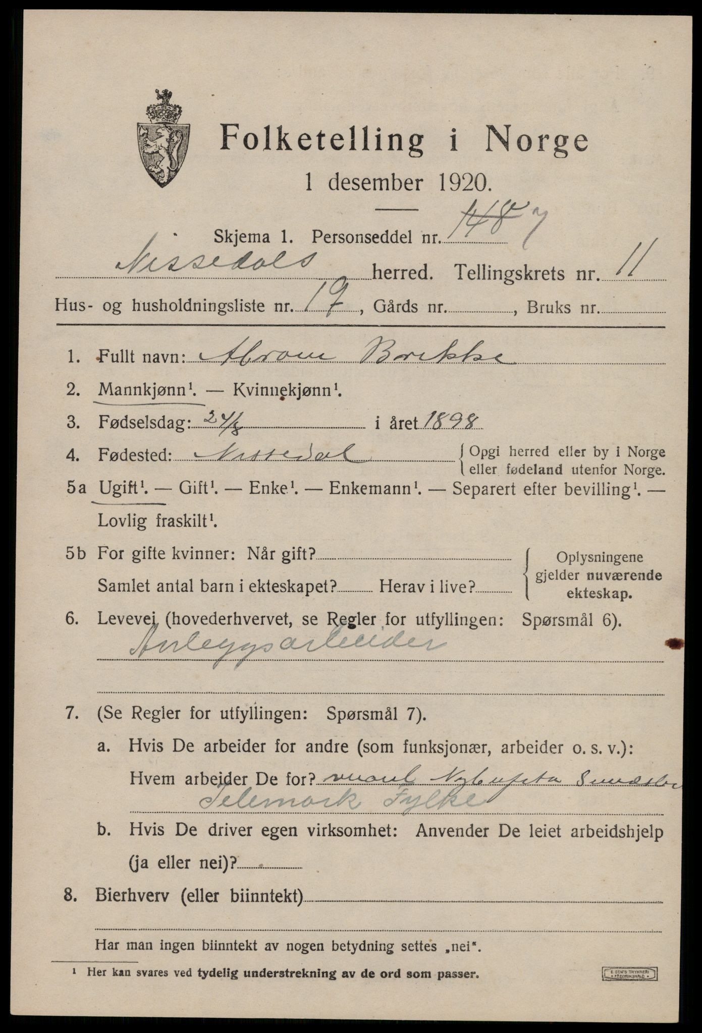 SAKO, Folketelling 1920 for 0830 Nissedal herred, 1920, s. 4691