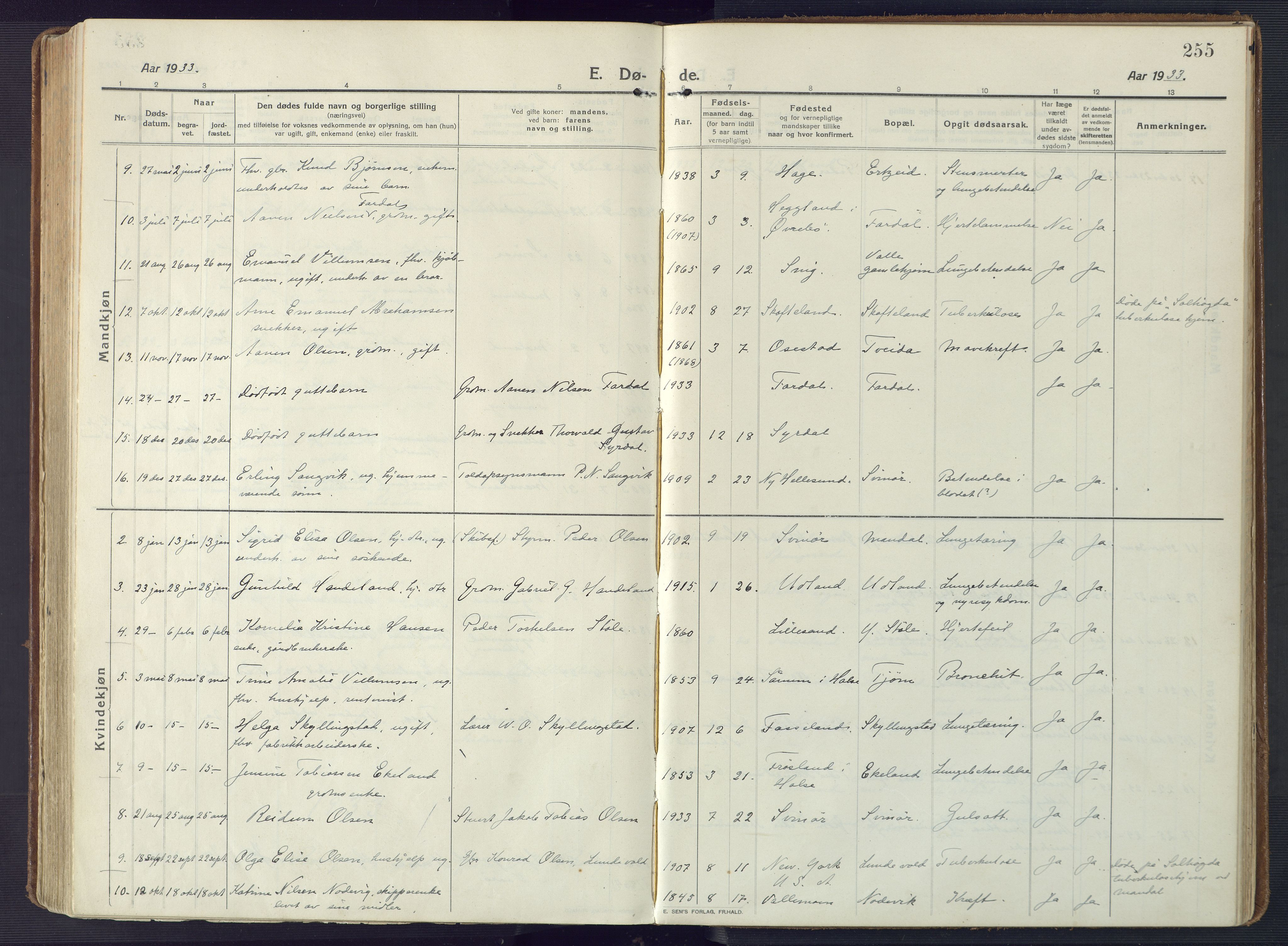 Sør-Audnedal sokneprestkontor, AV/SAK-1111-0039/F/Fa/Fab/L0011: Ministerialbok nr. A 11, 1912-1938, s. 255
