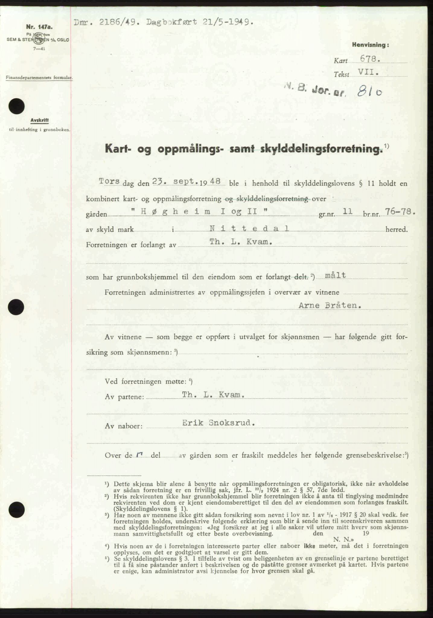 Nedre Romerike sorenskriveri, SAO/A-10469/G/Gb/Gbd/L0025: Pantebok nr. 25, 1949-1949, Dagboknr: 2186/1949