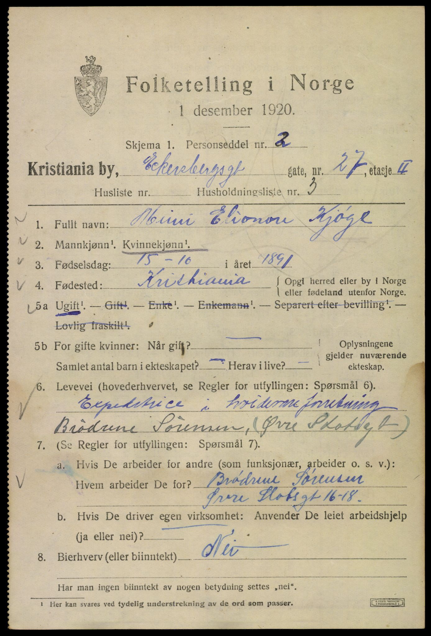 SAO, Folketelling 1920 for 0301 Kristiania kjøpstad, 1920, s. 208577