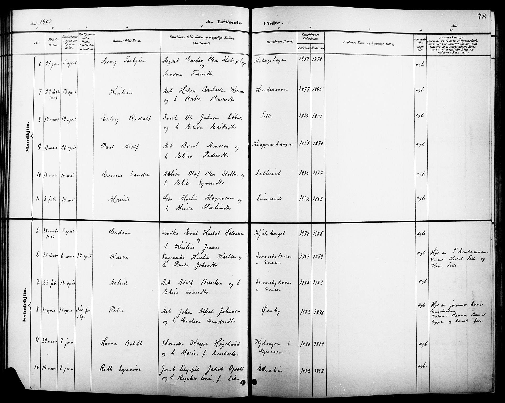 Åsnes prestekontor, SAH/PREST-042/H/Ha/Hab/L0004: Klokkerbok nr. 4, 1895-1909, s. 78