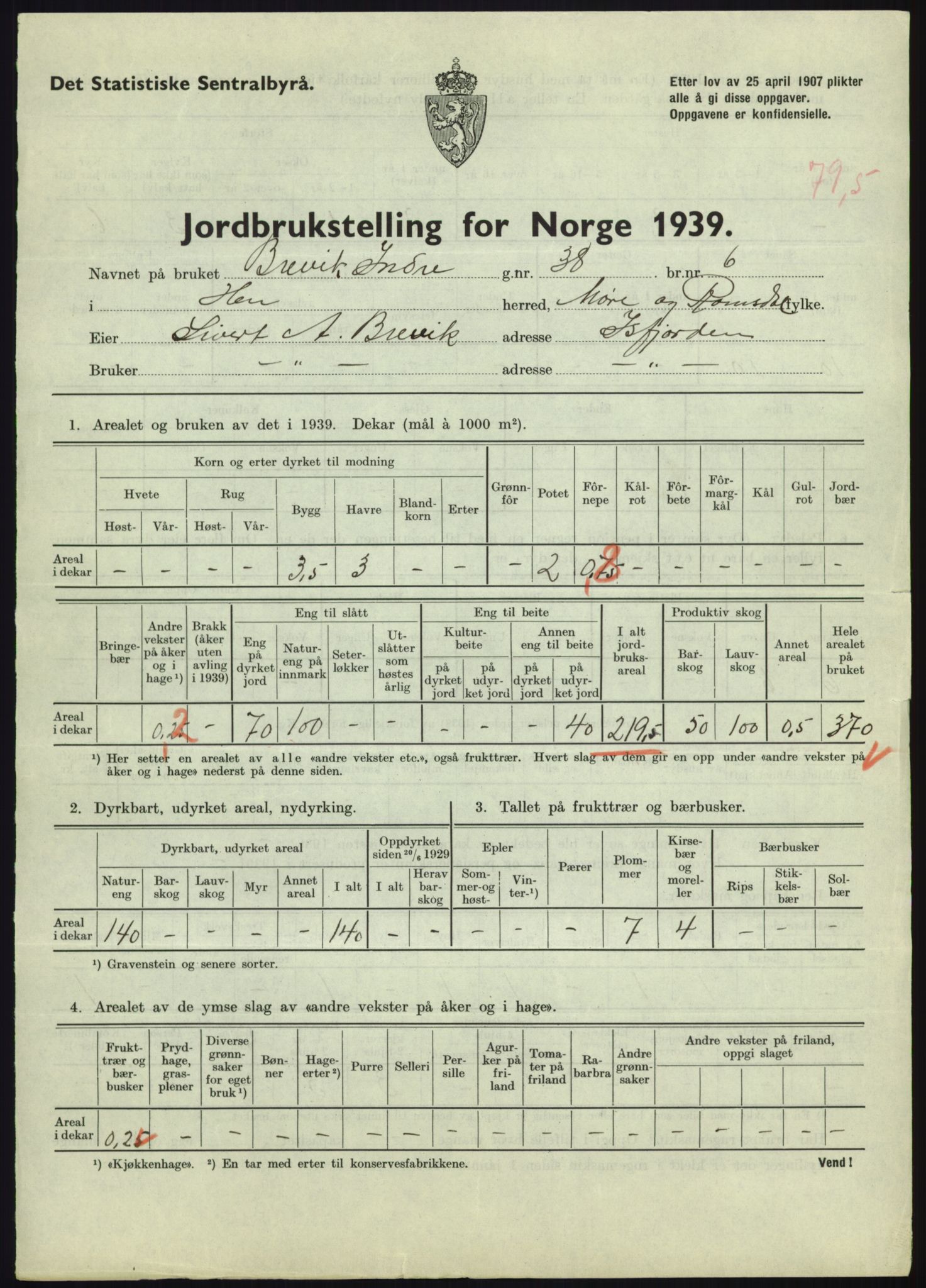 Statistisk sentralbyrå, Næringsøkonomiske emner, Jordbruk, skogbruk, jakt, fiske og fangst, AV/RA-S-2234/G/Gb/L0251: Møre og Romsdal: Voll, Eid, Grytten og Hen, 1939, s. 1447