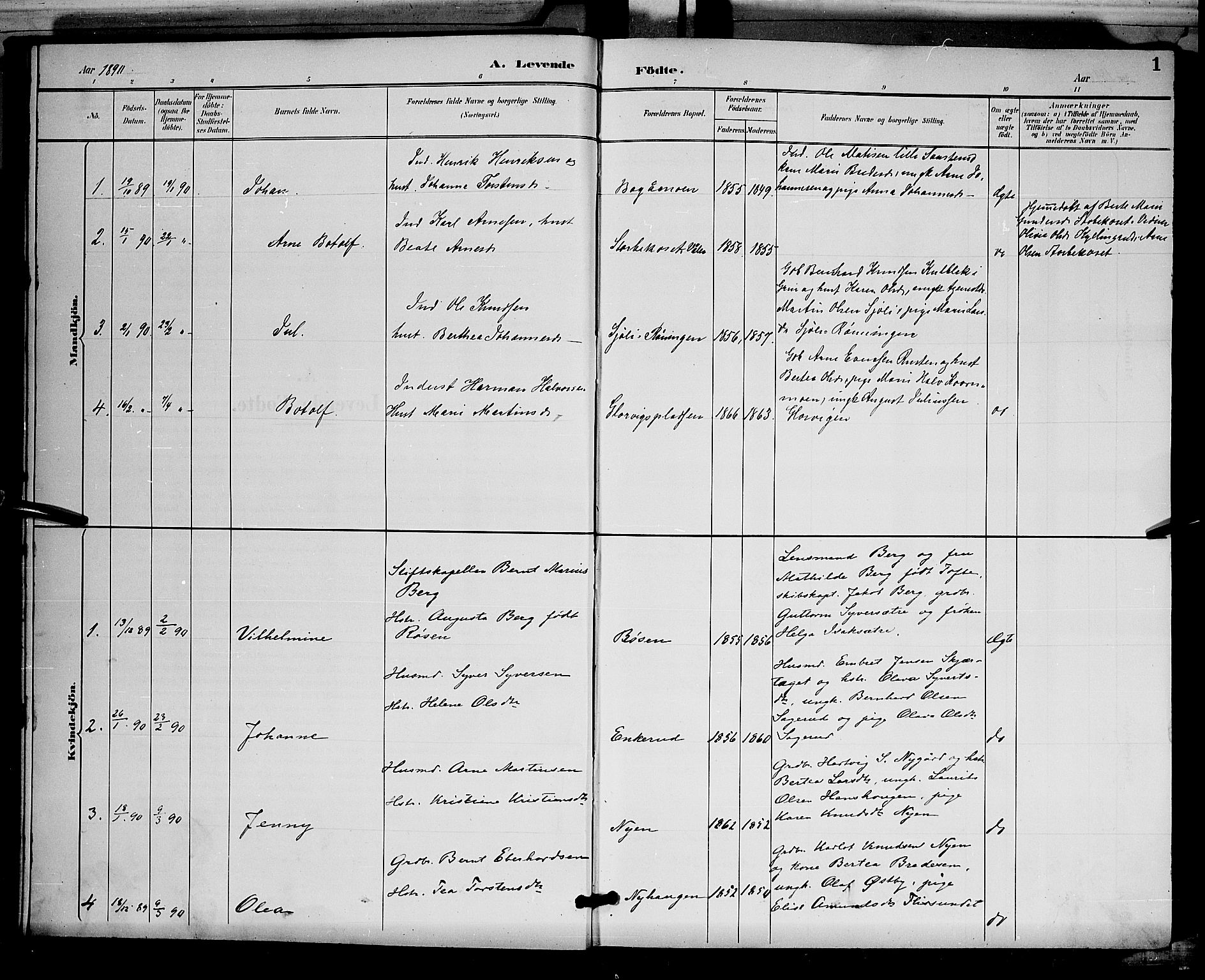 Åsnes prestekontor, AV/SAH-PREST-042/H/Ha/Hab/L0002: Klokkerbok nr. 2, 1890-1891, s. 1