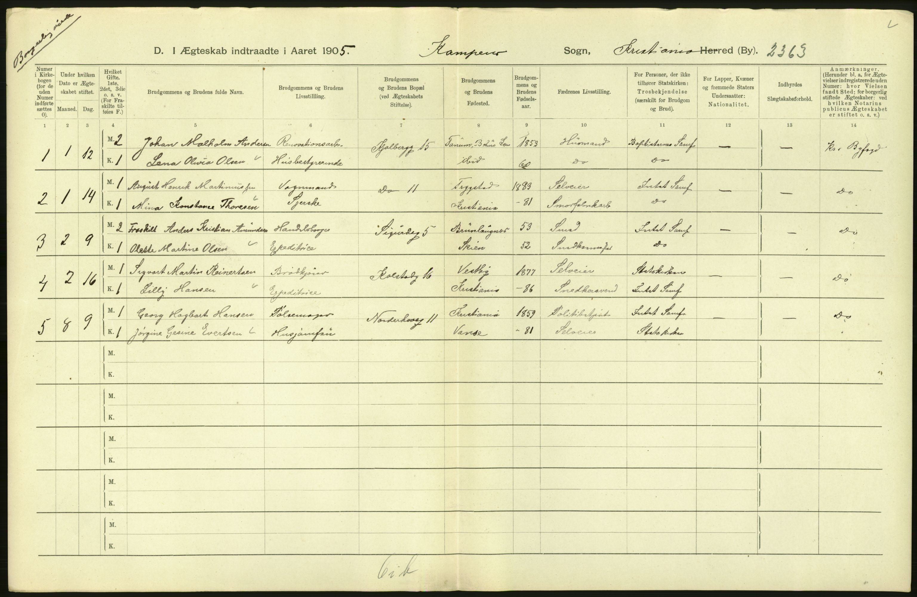 Statistisk sentralbyrå, Sosiodemografiske emner, Befolkning, AV/RA-S-2228/D/Df/Dfa/Dfac/L0007b: Kristiania: Gifte, 1905, s. 166