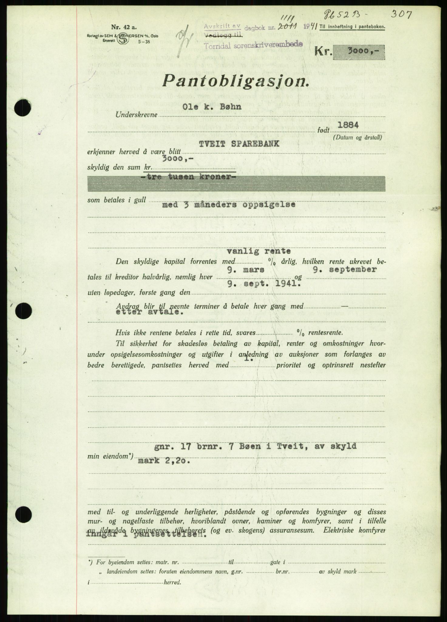 Torridal sorenskriveri, SAK/1221-0012/G/Gb/Gbb/L0008: Pantebok nr. 52b, 1940-1942, Dagboknr: 1111/1941