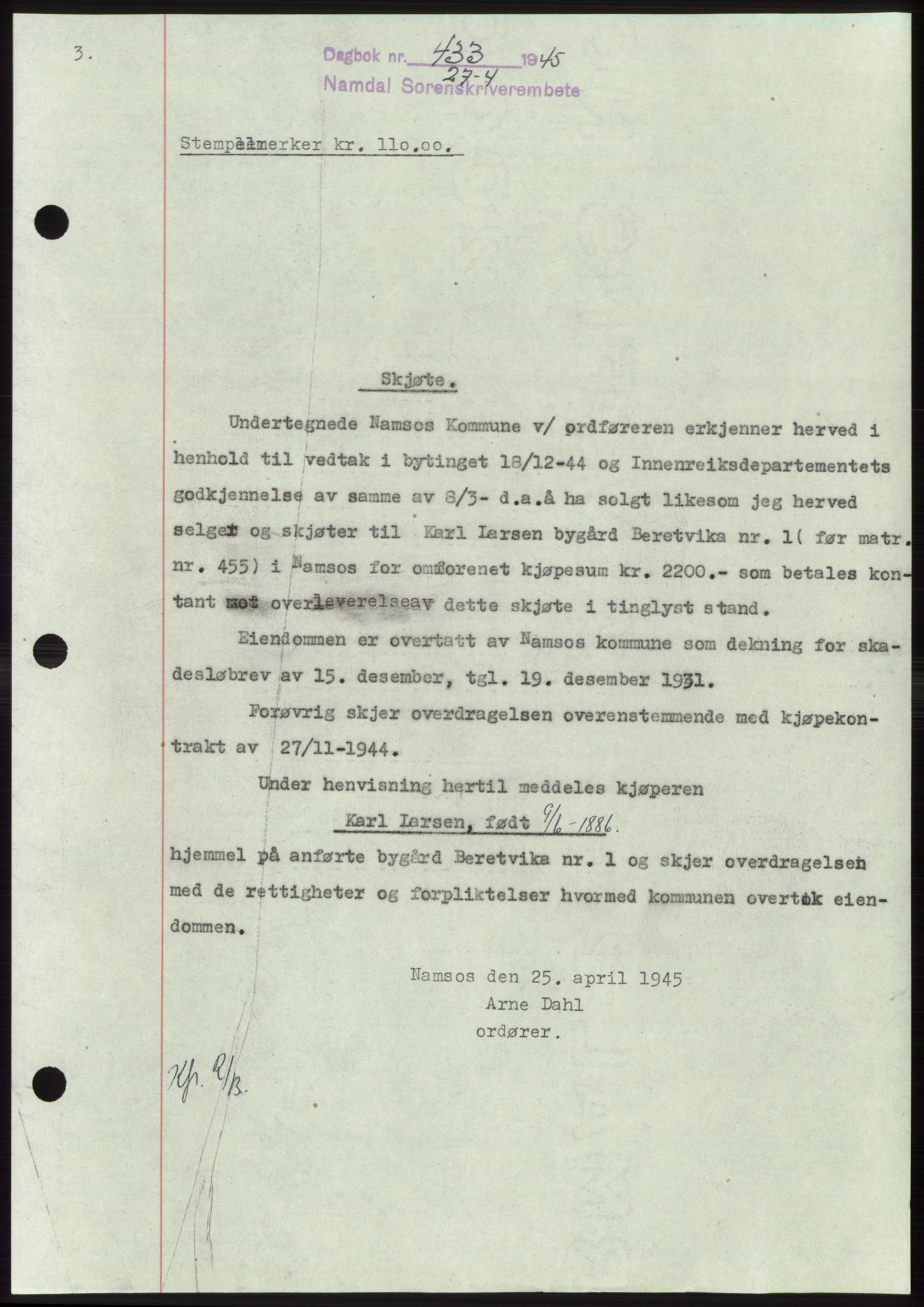 Namdal sorenskriveri, SAT/A-4133/1/2/2C: Pantebok nr. -, 1944-1945, Dagboknr: 433/1945