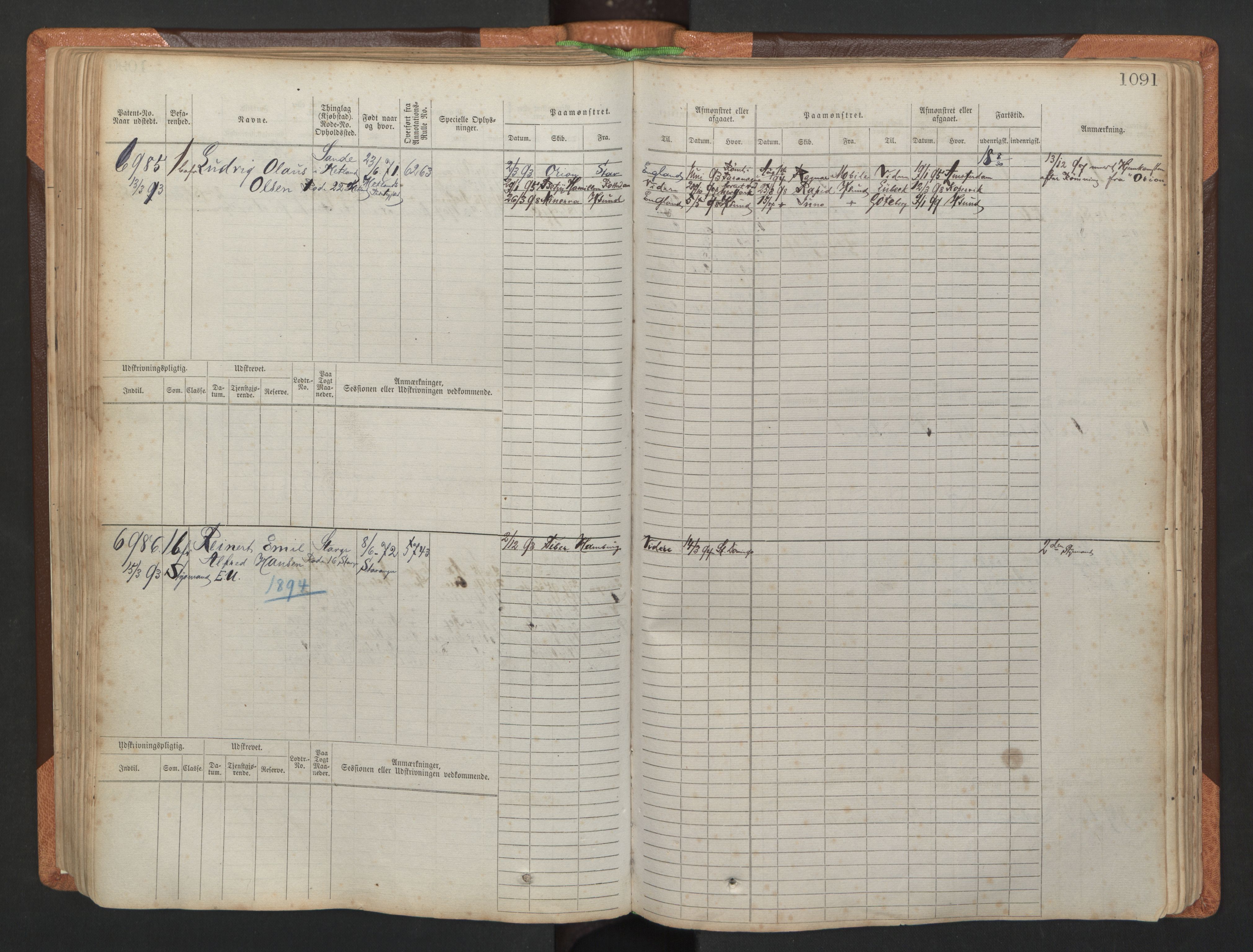 Stavanger sjømannskontor, AV/SAST-A-102006/F/Fb/Fbb/L0011: Sjøfartshovedrulle, patentnr. 6607-7206 (del 2), 1887-1896, s. 194