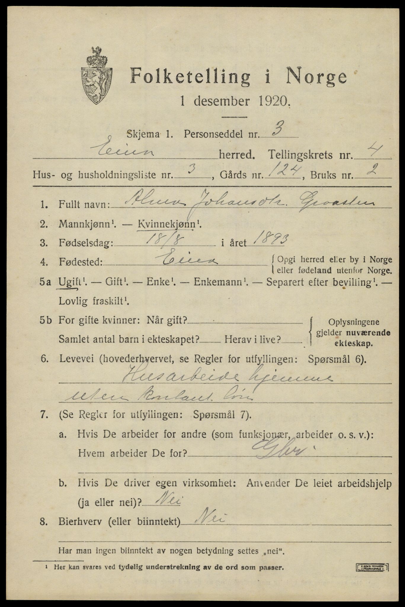 SAH, Folketelling 1920 for 0530 Eina herred, 1920, s. 2926