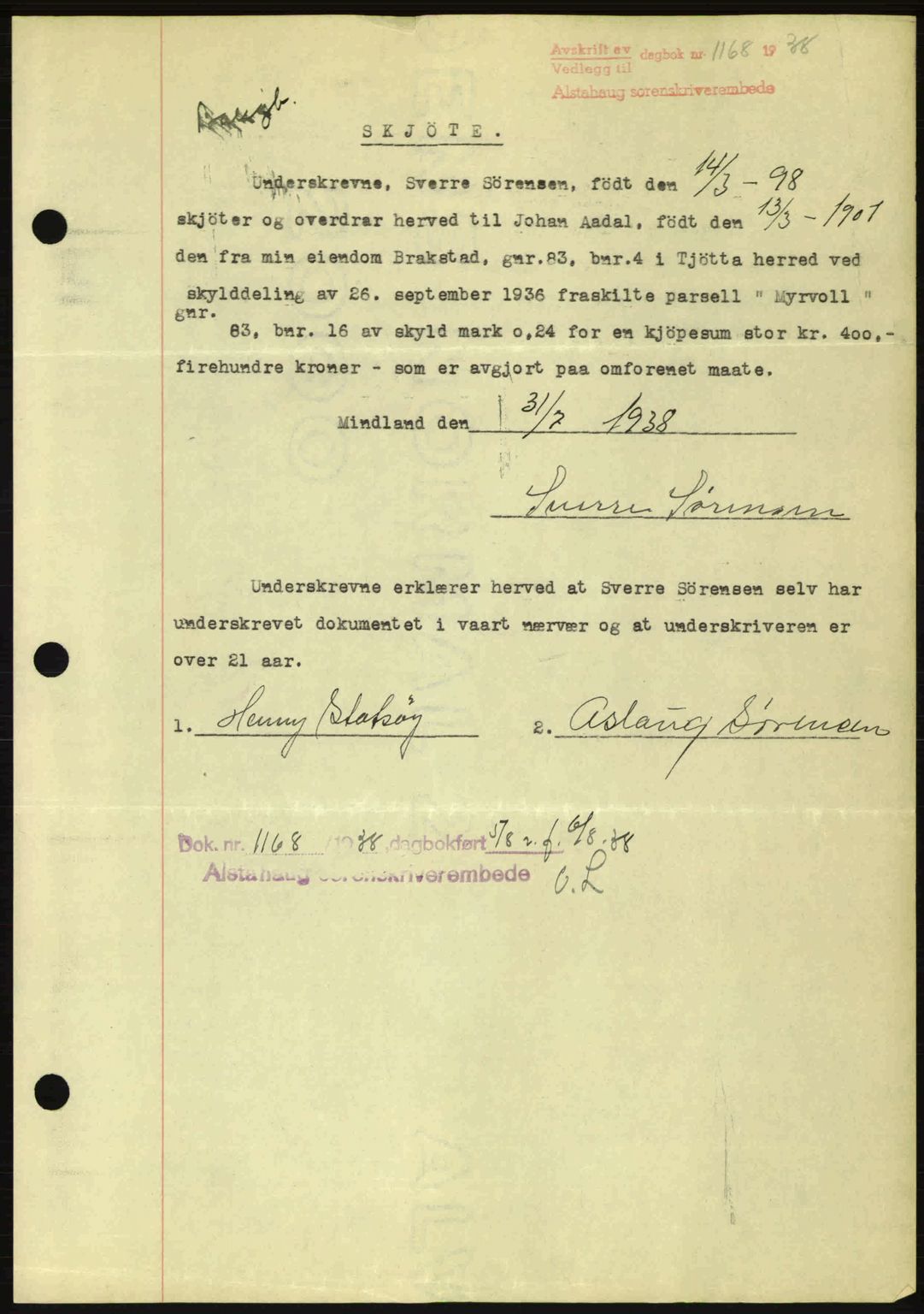 Alstahaug sorenskriveri, SAT/A-1009: Pantebok nr. A3, 1937-1938, Dagboknr: 1168/1938