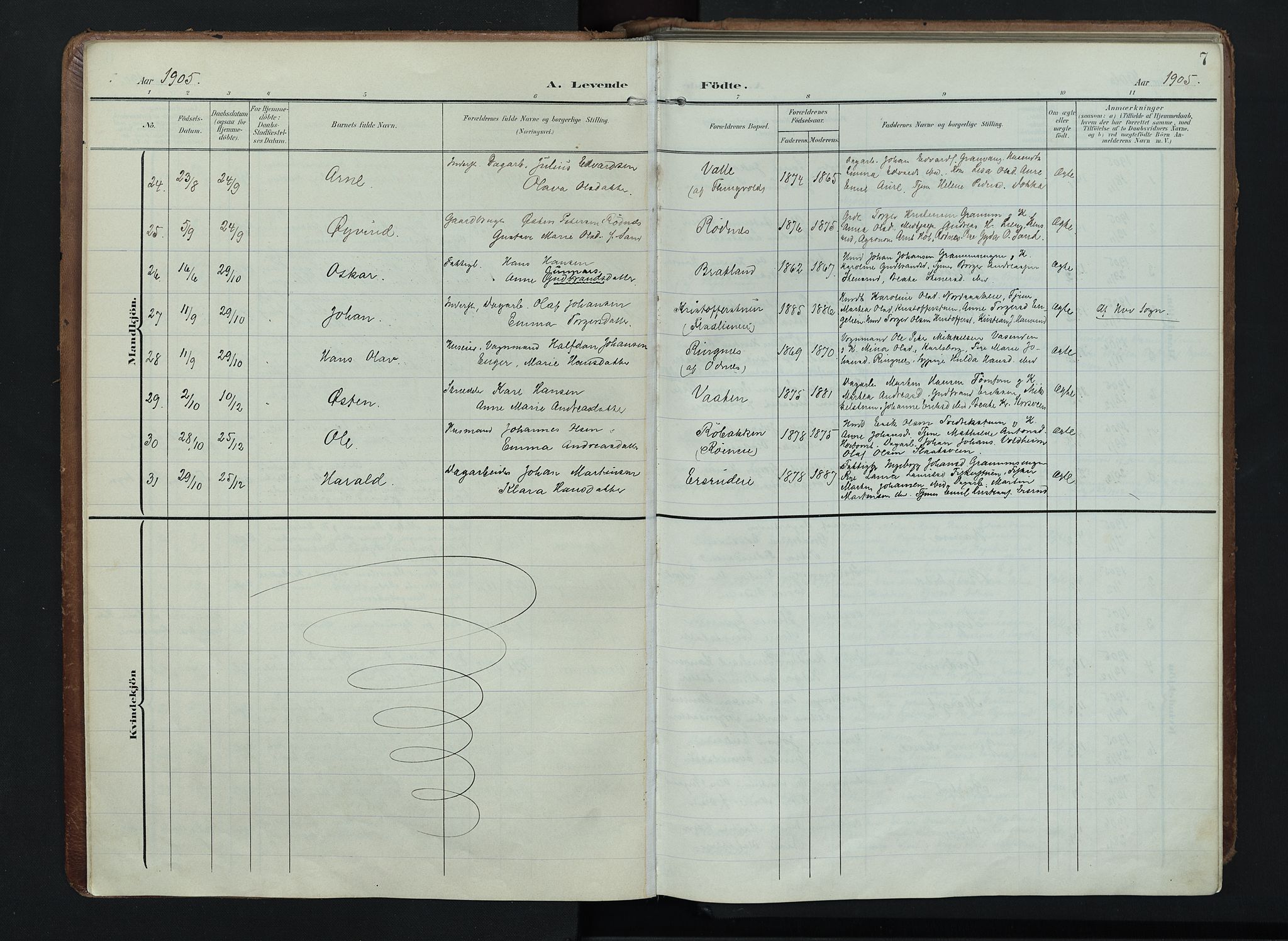 Søndre Land prestekontor, AV/SAH-PREST-122/K/L0005: Ministerialbok nr. 5, 1905-1914, s. 7