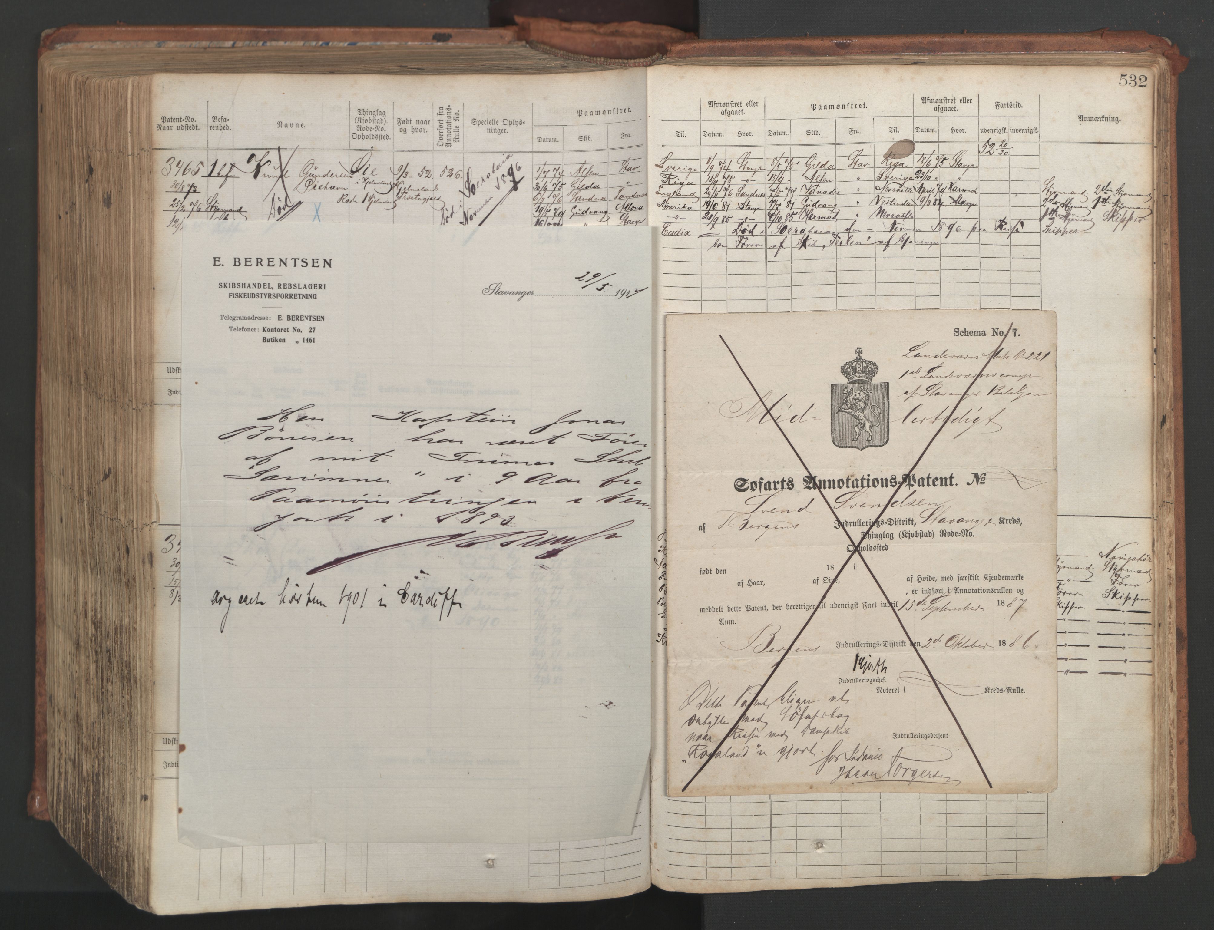 Stavanger sjømannskontor, AV/SAST-A-102006/F/Fb/Fbb/L0007: Sjøfartshovedrulle, patentnr. 2403-3604, 1869-1880, s. 587