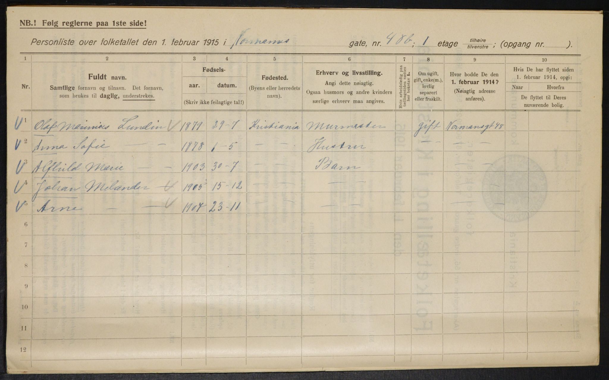 OBA, Kommunal folketelling 1.2.1915 for Kristiania, 1915, s. 73303