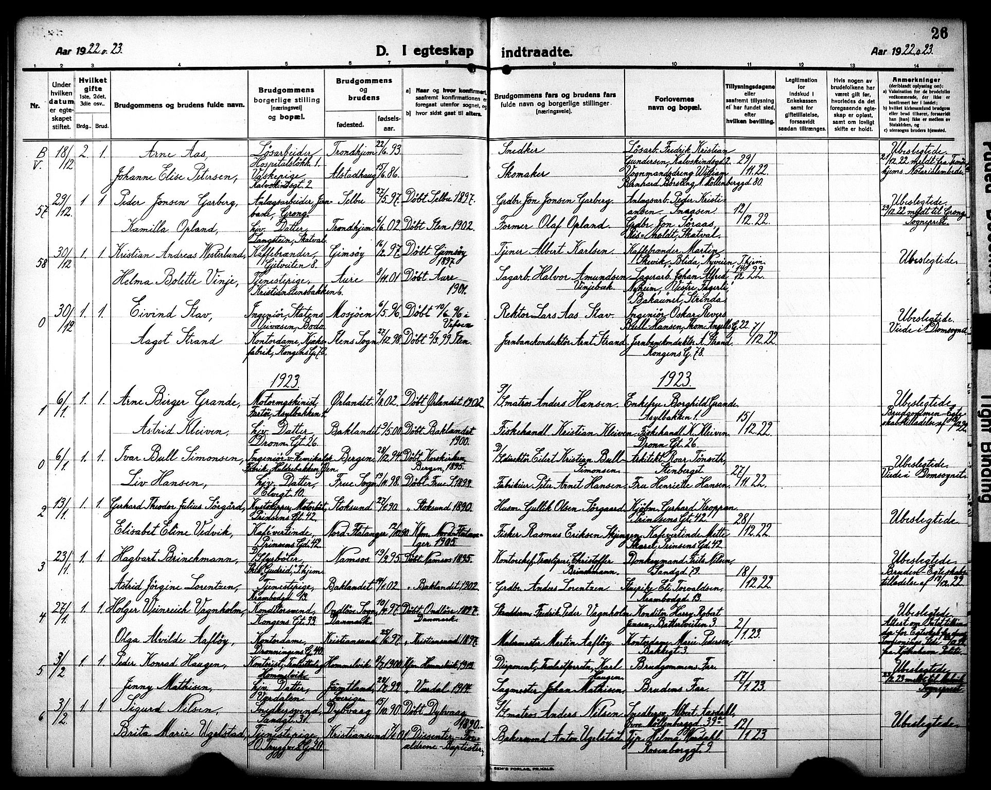Ministerialprotokoller, klokkerbøker og fødselsregistre - Sør-Trøndelag, AV/SAT-A-1456/602/L0149: Klokkerbok nr. 602C17, 1919-1932, s. 26