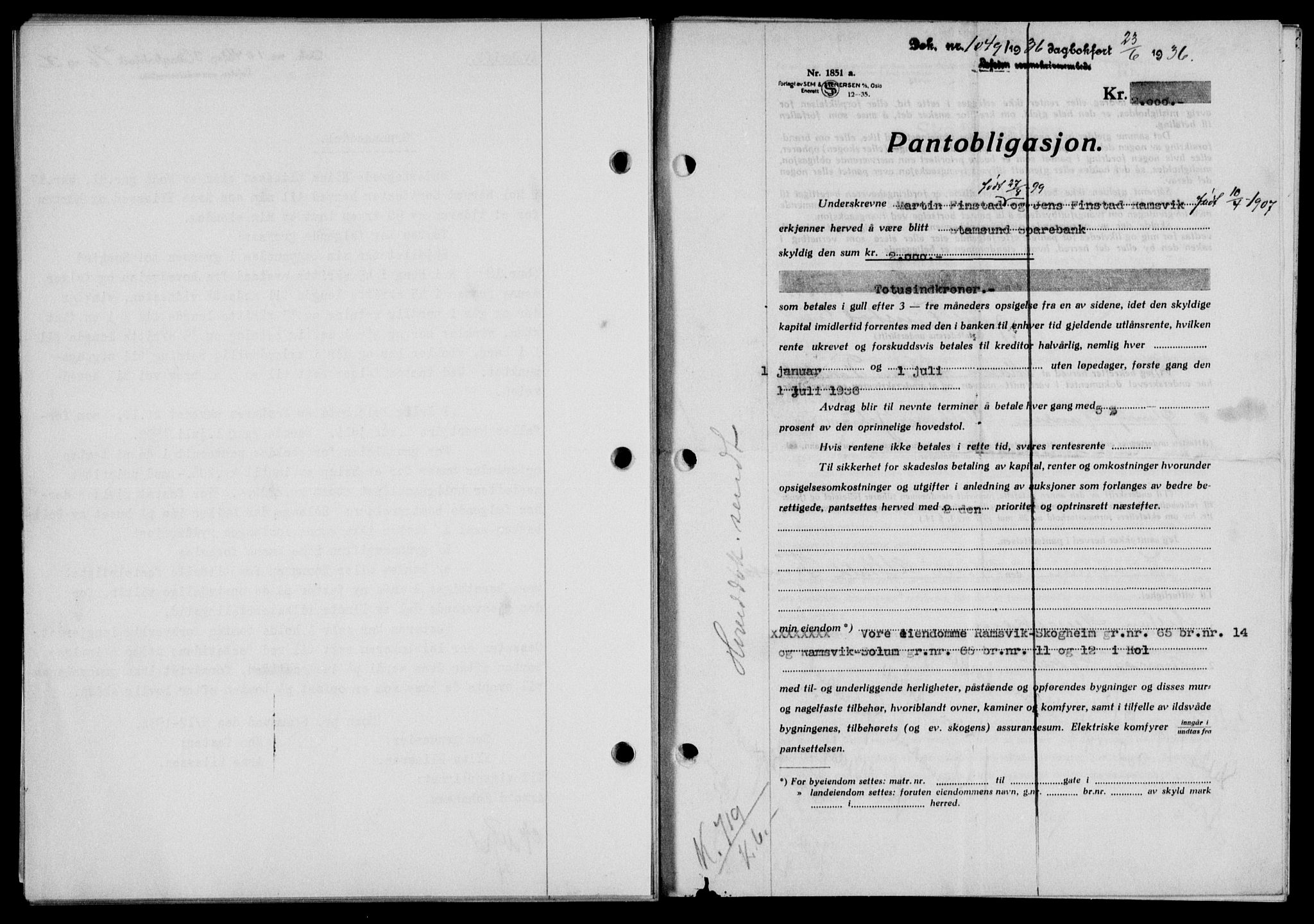 Lofoten sorenskriveri, SAT/A-0017/1/2/2C/L0033b: Pantebok nr. 33b, 1936-1936, Dagboknr: 1049/1936