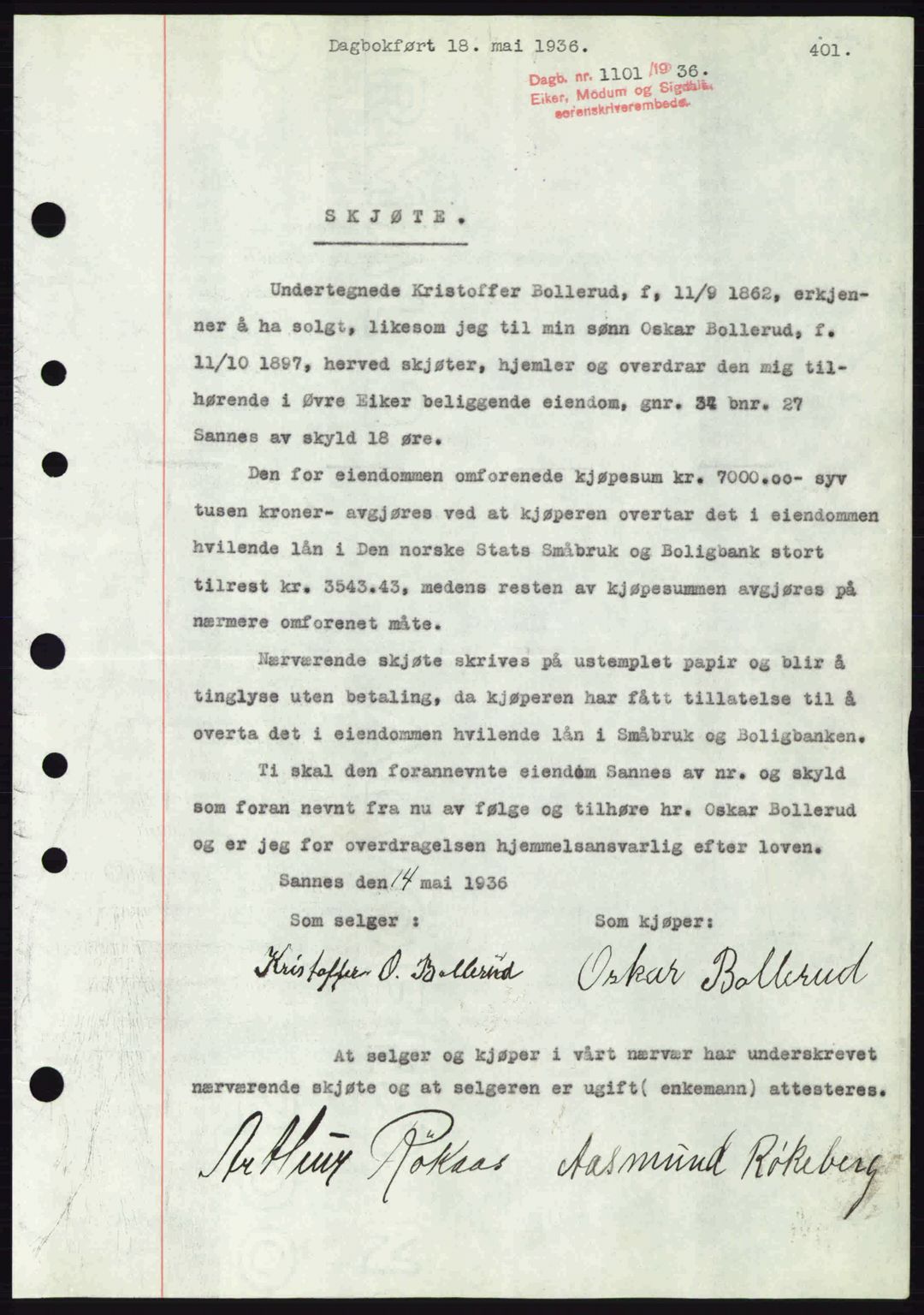 Eiker, Modum og Sigdal sorenskriveri, SAKO/A-123/G/Ga/Gab/L0032: Pantebok nr. A2, 1936-1936, Dagboknr: 1101/1936