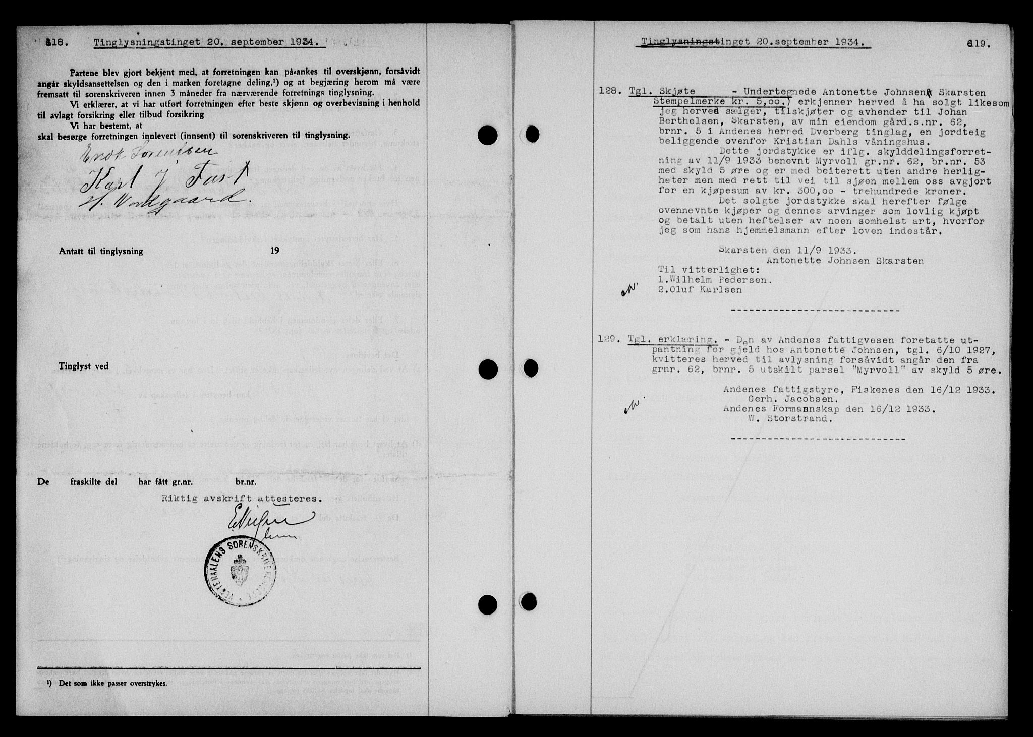 Vesterålen sorenskriveri, SAT/A-4180/1/2/2Ca/L0060: Pantebok nr. 53, 1934-1934, Tingl.dato: 20.09.1934