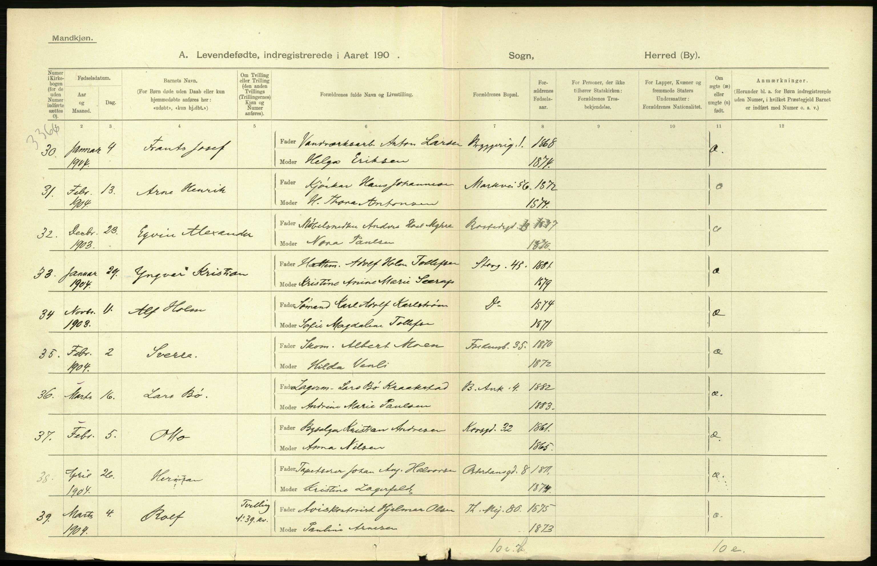 Statistisk sentralbyrå, Sosiodemografiske emner, Befolkning, AV/RA-S-2228/D/Df/Dfa/Dfab/L0003: Kristiania: Fødte, 1904, s. 16