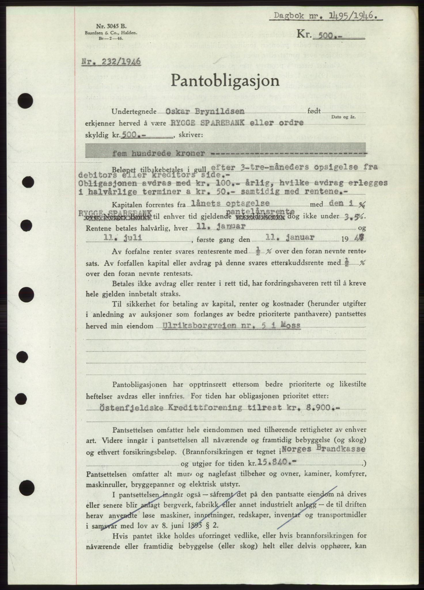 Moss sorenskriveri, SAO/A-10168: Pantebok nr. B15, 1946-1946, Dagboknr: 1495/1946